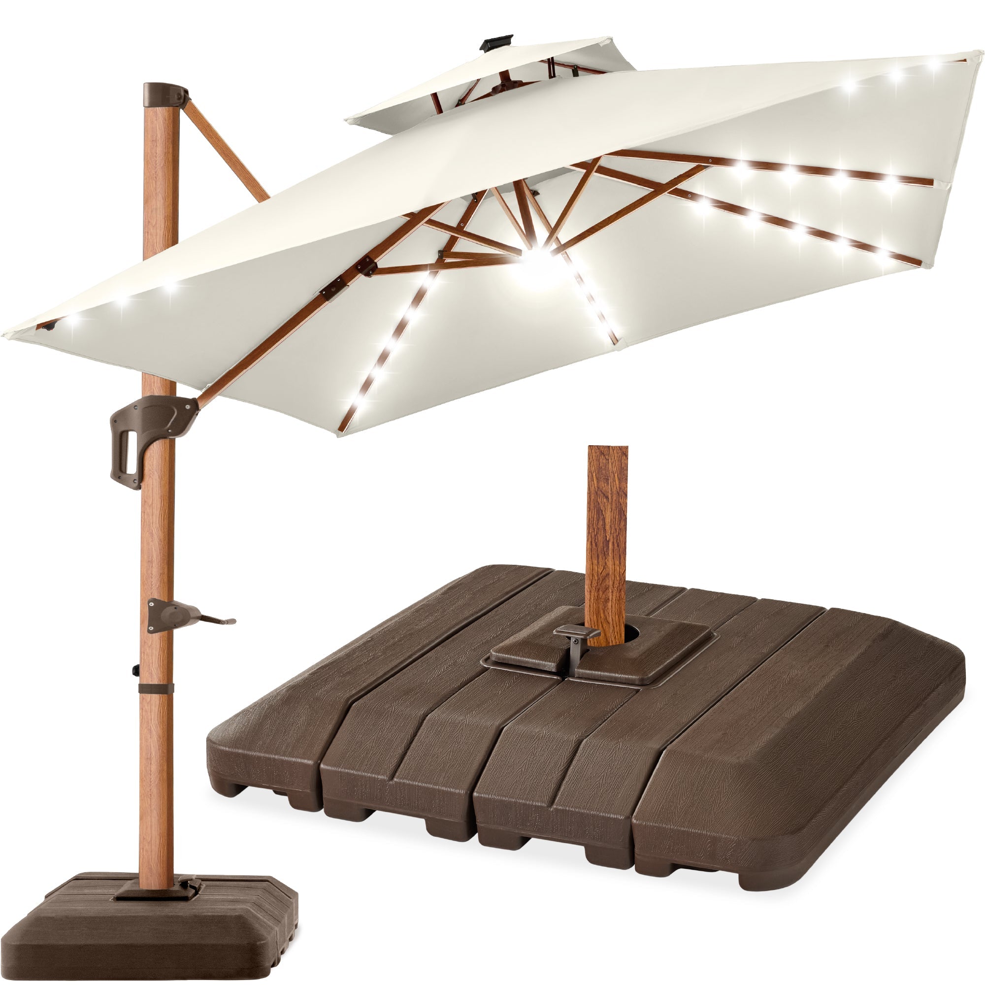 Woodgrain Pattern 2-Tier Outdoor Solar LED Cantilever Umbrella - 10x10ft - Ivory