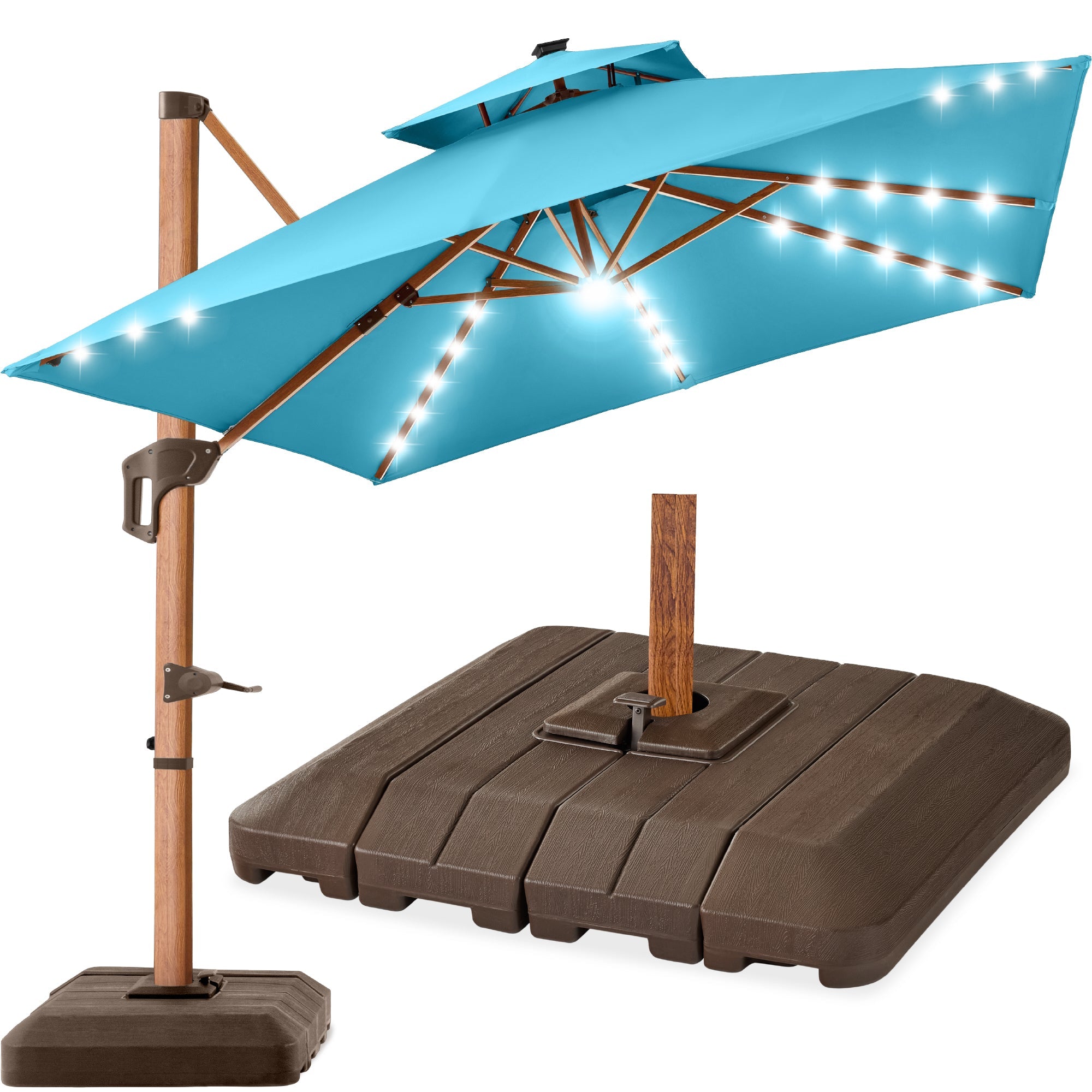 Woodgrain Pattern 2-Tier Outdoor Solar LED Cantilever Umbrella - 10x10ft - Sky Blue