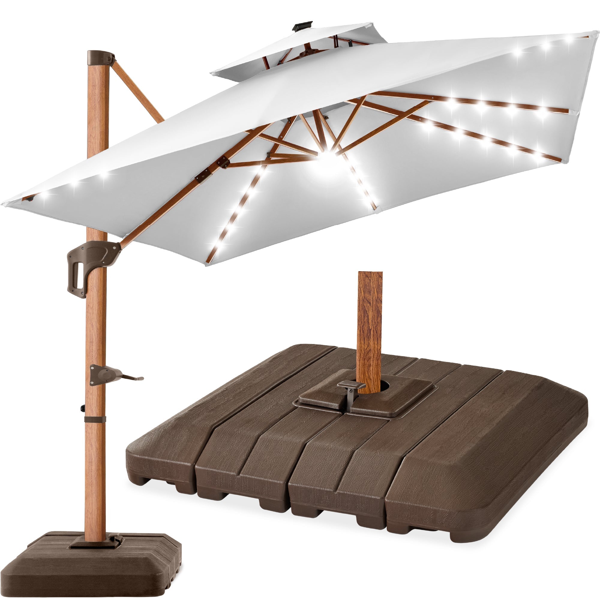 Woodgrain Pattern 2-Tier Outdoor Solar LED Cantilever Umbrella - 10x10ft - Fog Gray