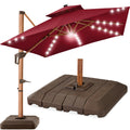Woodgrain Pattern 2-Tier Outdoor Solar LED Cantilever Umbrella - 10x10ft - Burgundy