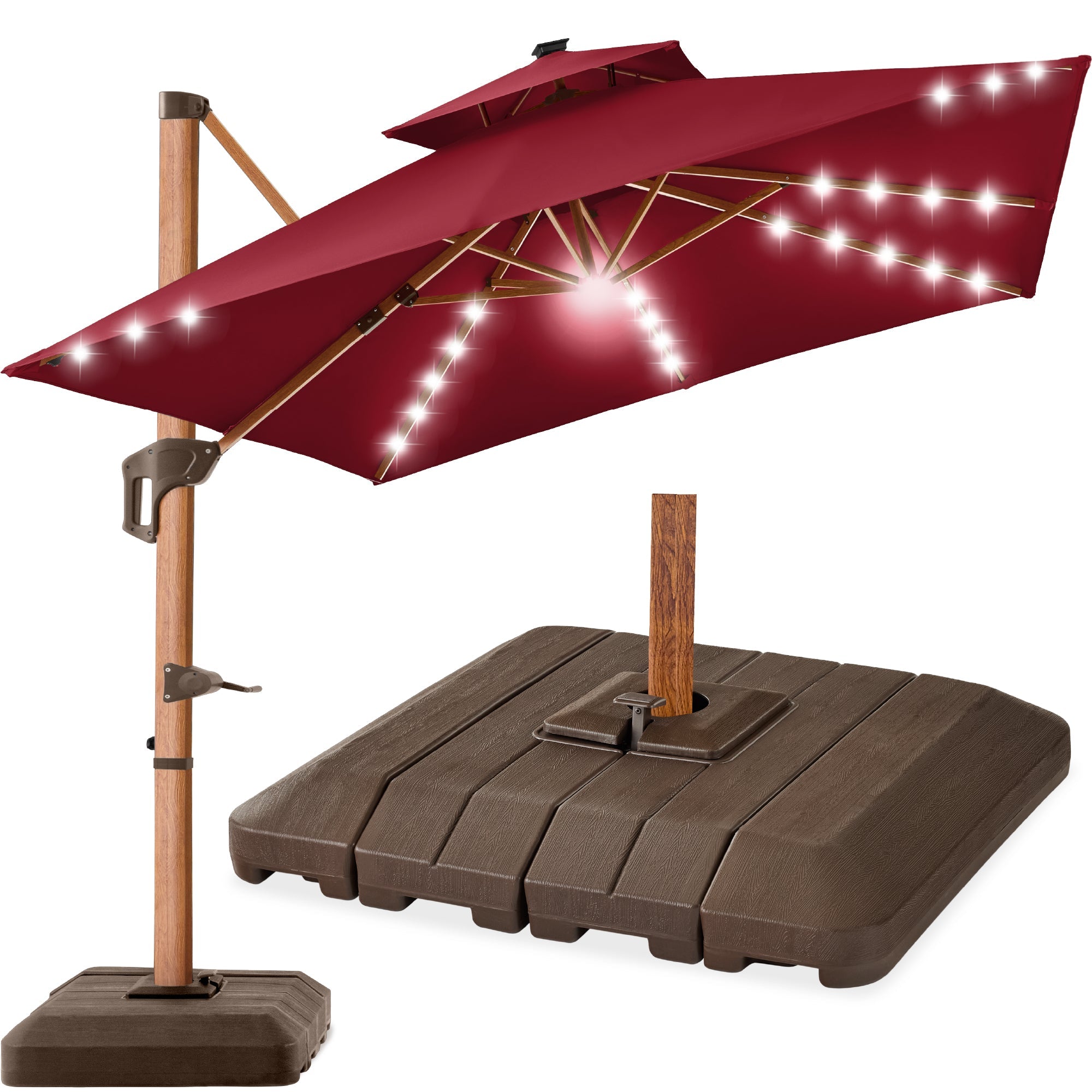 Woodgrain Pattern 2-Tier Outdoor Solar LED Cantilever Umbrella - 10x10ft - Burgundy