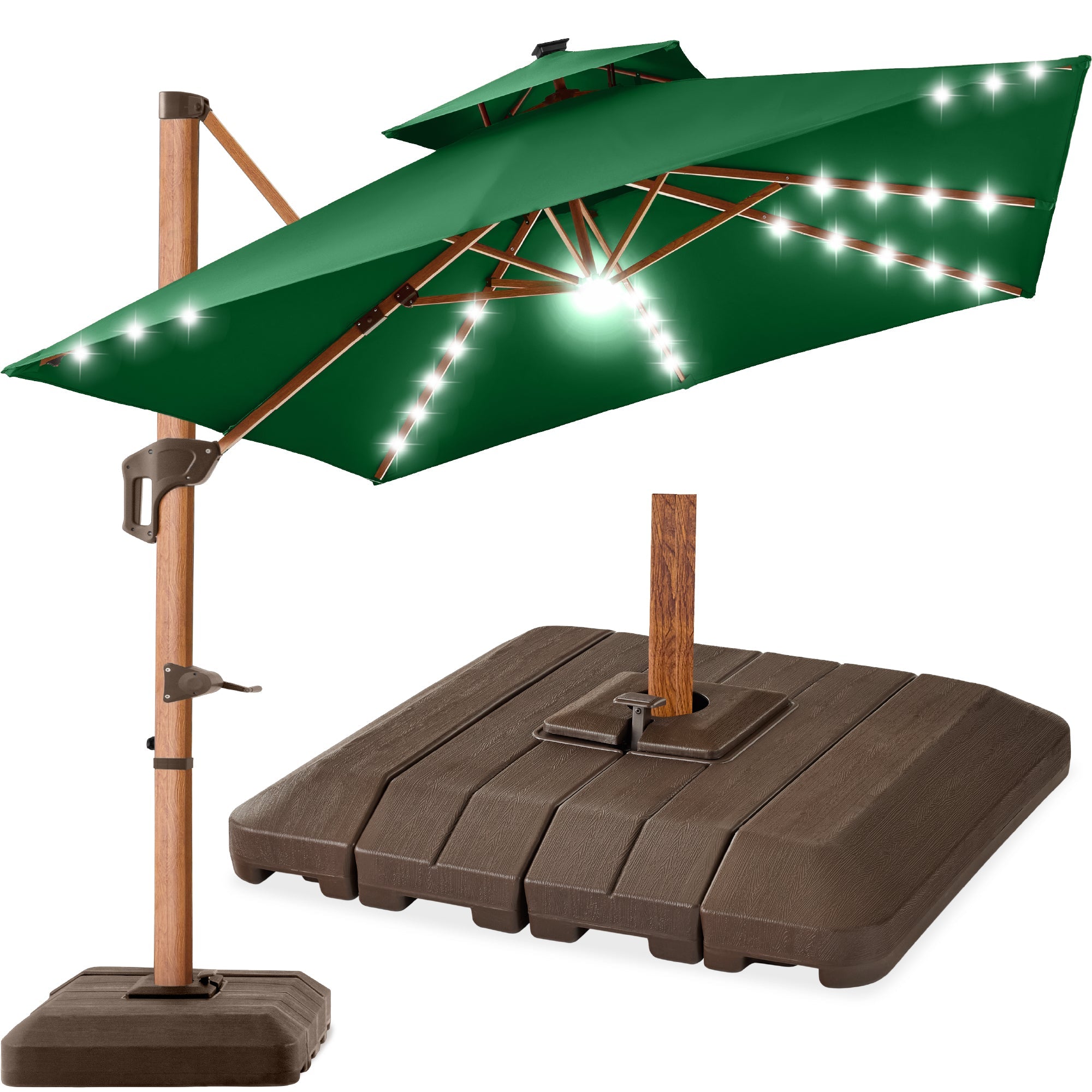 Woodgrain Pattern 2-Tier Outdoor Solar LED Cantilever Umbrella - 10x10ft - Green