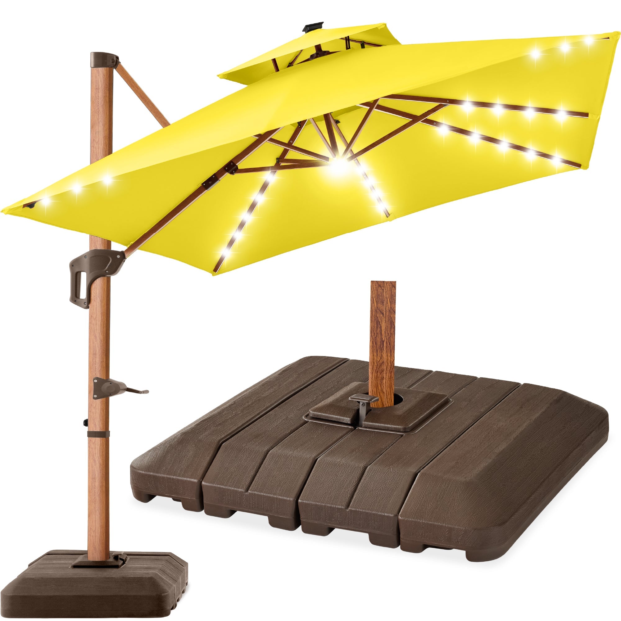 Woodgrain Pattern 2-Tier Outdoor Solar LED Cantilever Umbrella - 10x10ft - Yellow