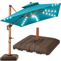 Woodgrain Pattern 2-Tier Outdoor Solar LED Cantilever Umbrella - 10x10ft - Cerulean