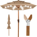 3-Tier Woodgrain Pattern Solar Patio Umbrella, Tilt Adjustment - 10ft - Tan