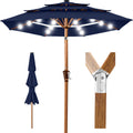 3-Tier Woodgrain Pattern Solar Patio Umbrella, Tilt Adjustment - 10ft - Navy Blue