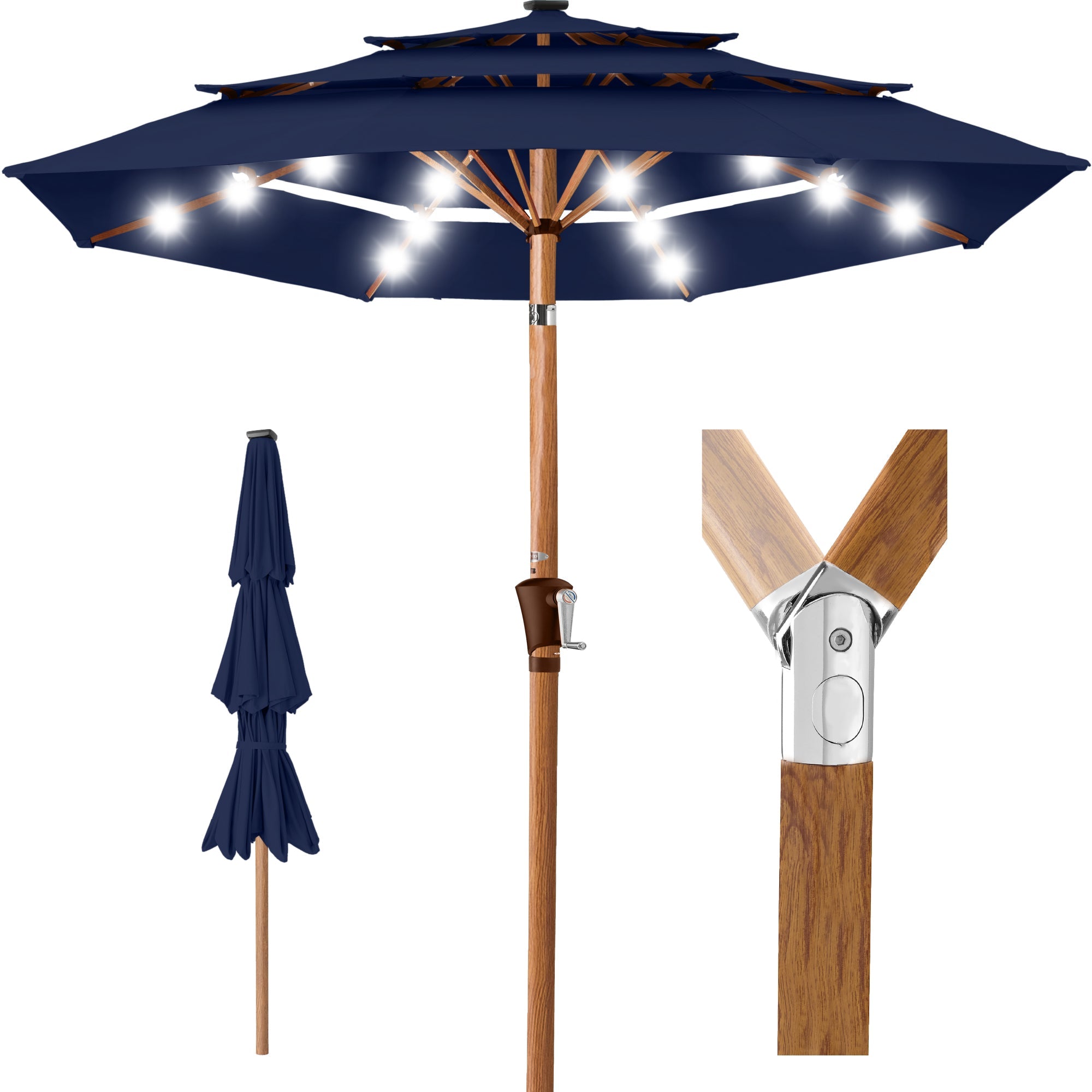 3-Tier Woodgrain Pattern Solar Patio Umbrella, Tilt Adjustment - 10ft - Navy Blue