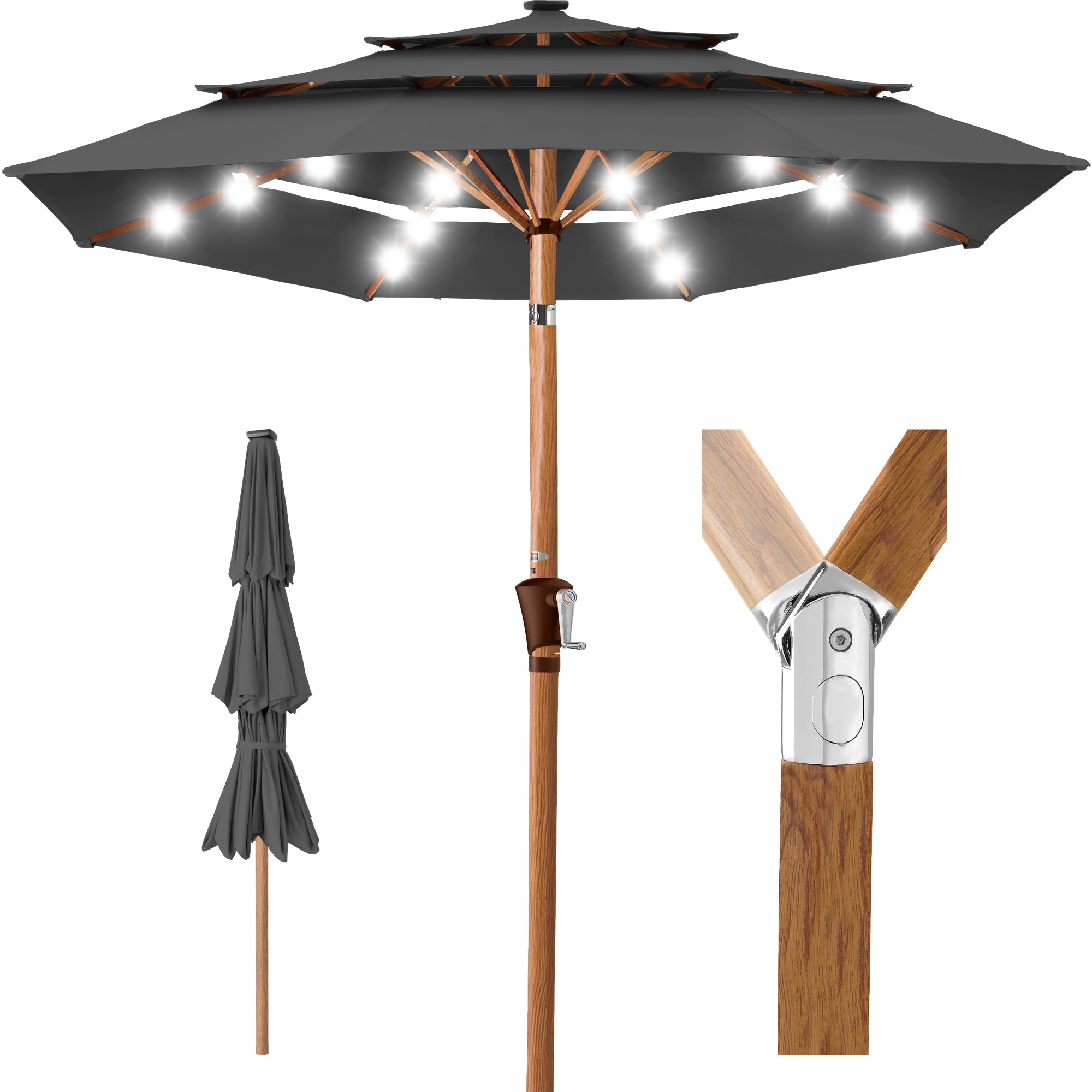 3-Tier Woodgrain Pattern Solar Patio Umbrella, Tilt Adjustment - 10ft - Gray