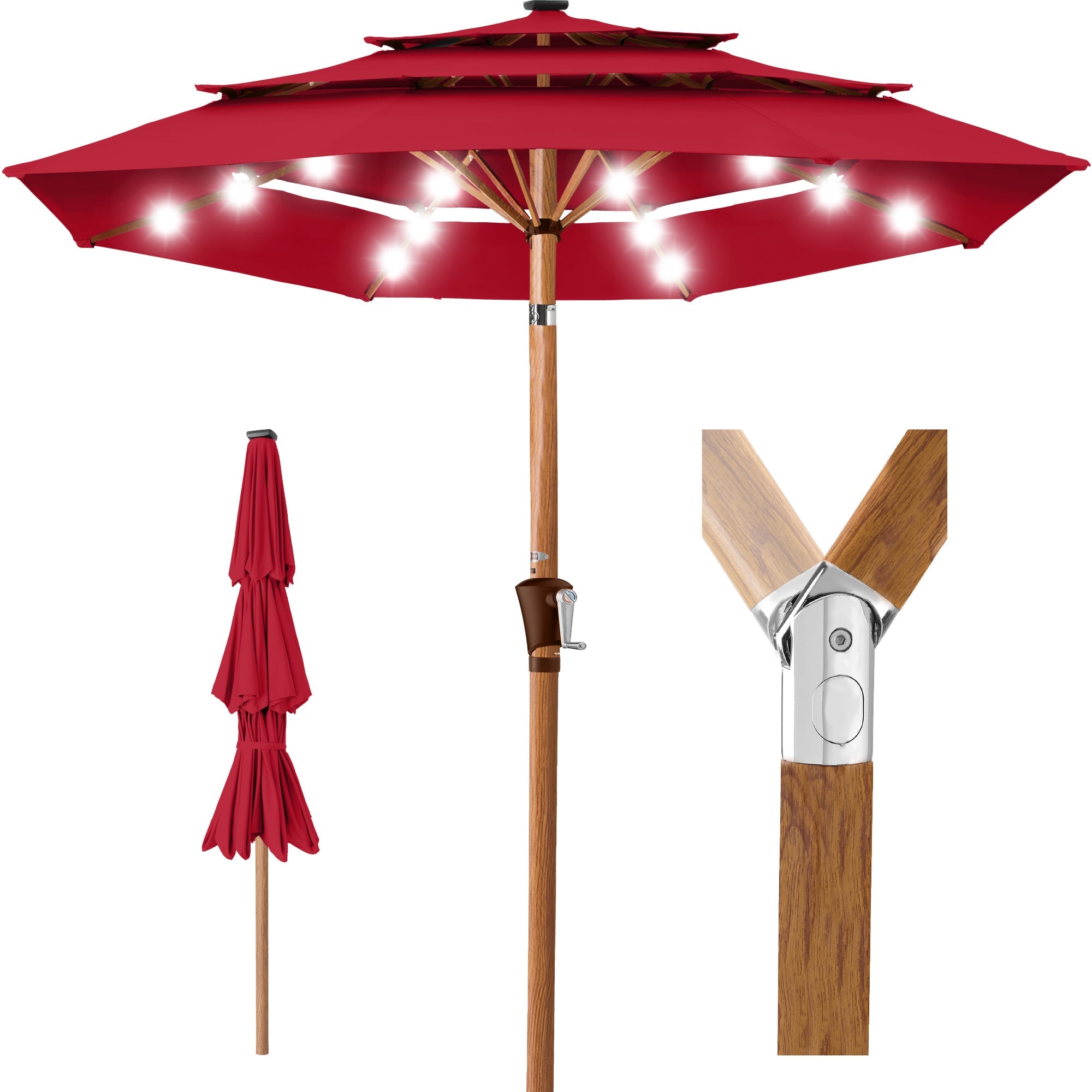 3-Tier Woodgrain Pattern Solar Patio Umbrella, Tilt Adjustment - 10ft - Red