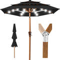 3-Tier Woodgrain Pattern Solar Patio Umbrella, Tilt Adjustment - 10ft - Black