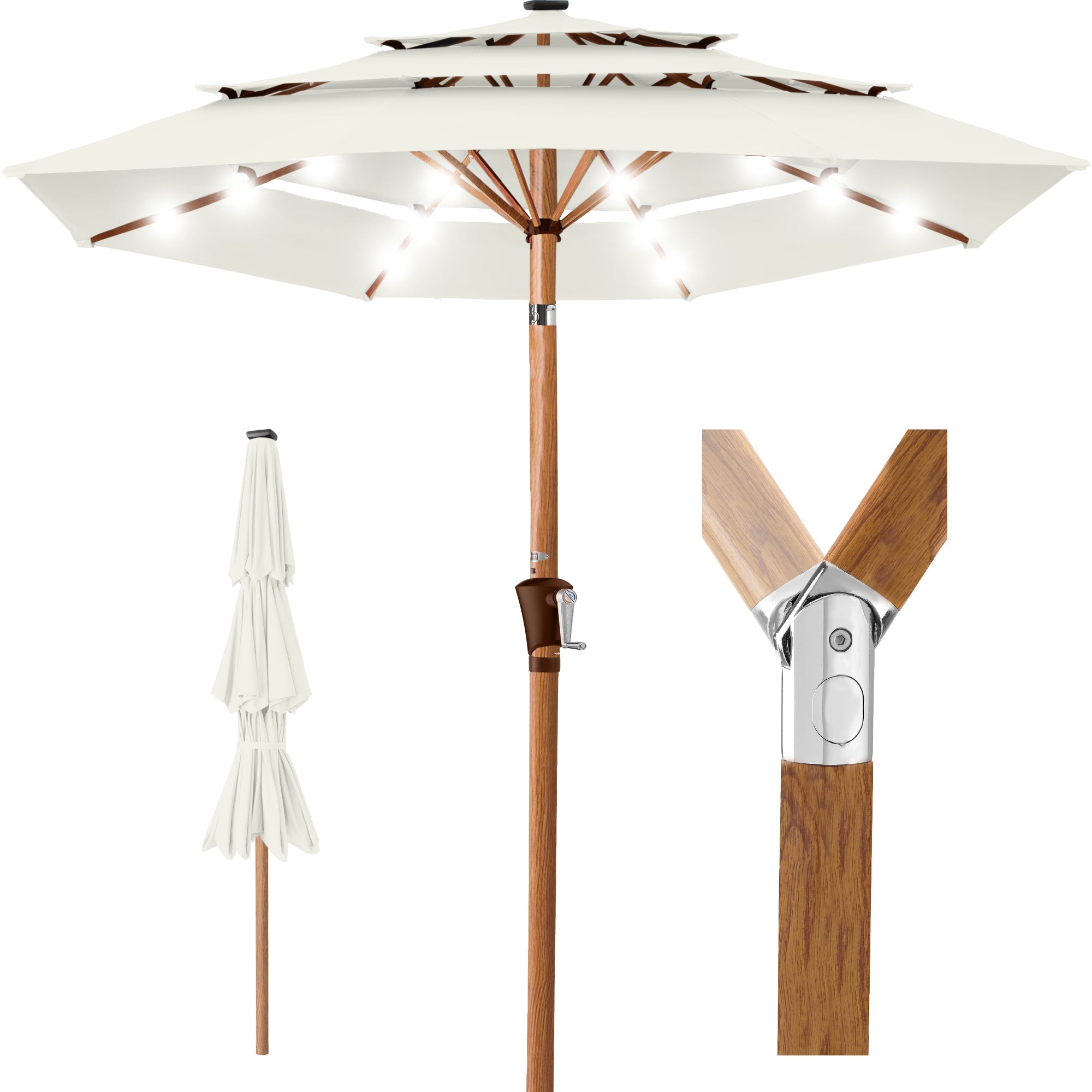 3-Tier Woodgrain Pattern Solar Patio Umbrella, Tilt Adjustment - 10ft - Ivory