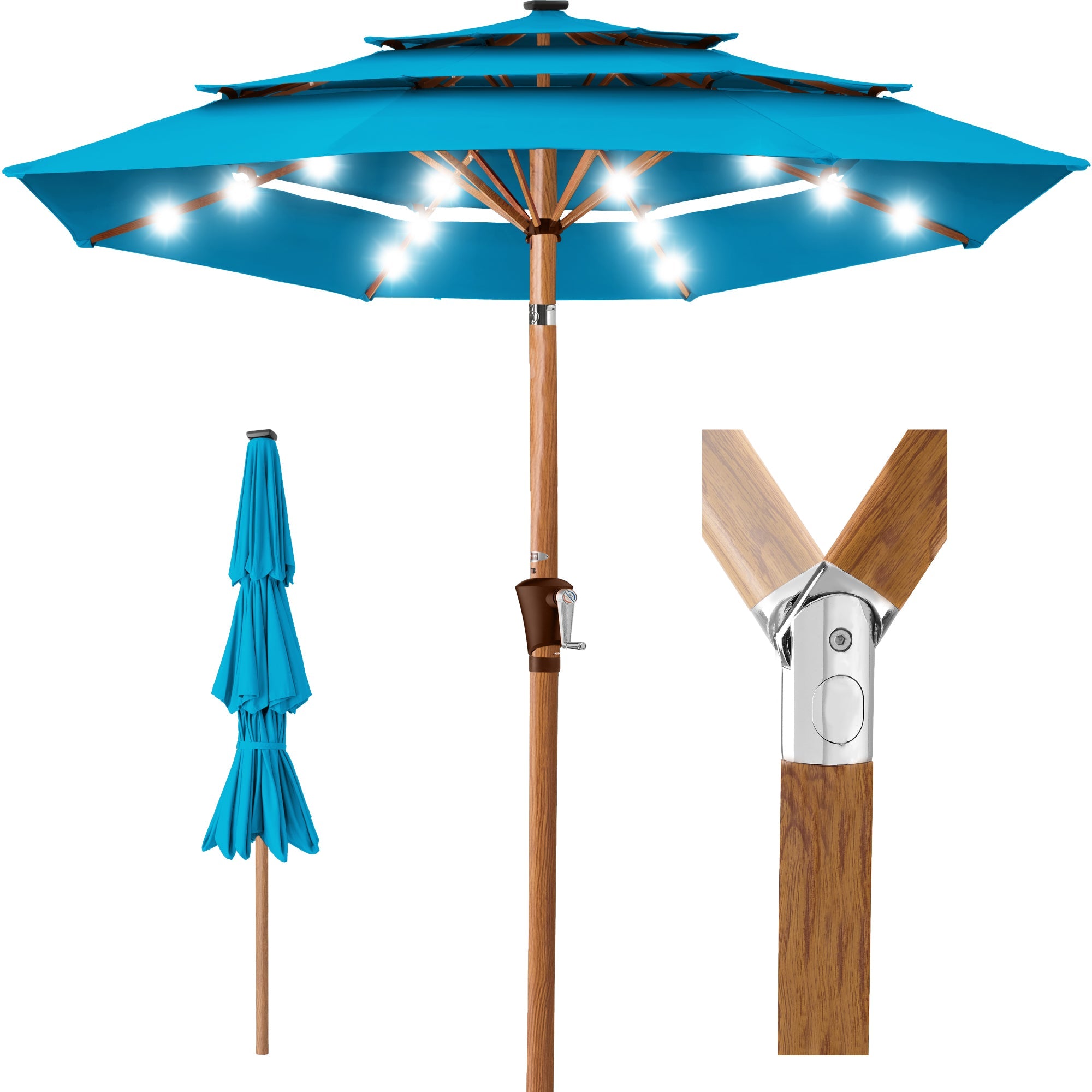 3-Tier Woodgrain Pattern Solar Patio Umbrella, Tilt Adjustment - 10ft - Sky Blue