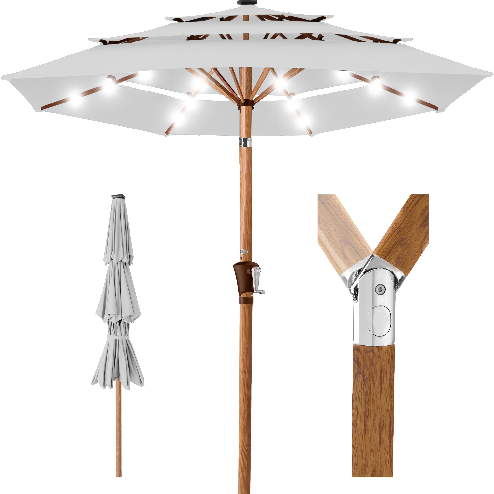 3-Tier Woodgrain Pattern Solar Patio Umbrella, Tilt Adjustment - 10ft - Fog Gray