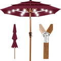 3-Tier Woodgrain Pattern Solar Patio Umbrella, Tilt Adjustment - 10ft - Burgundy