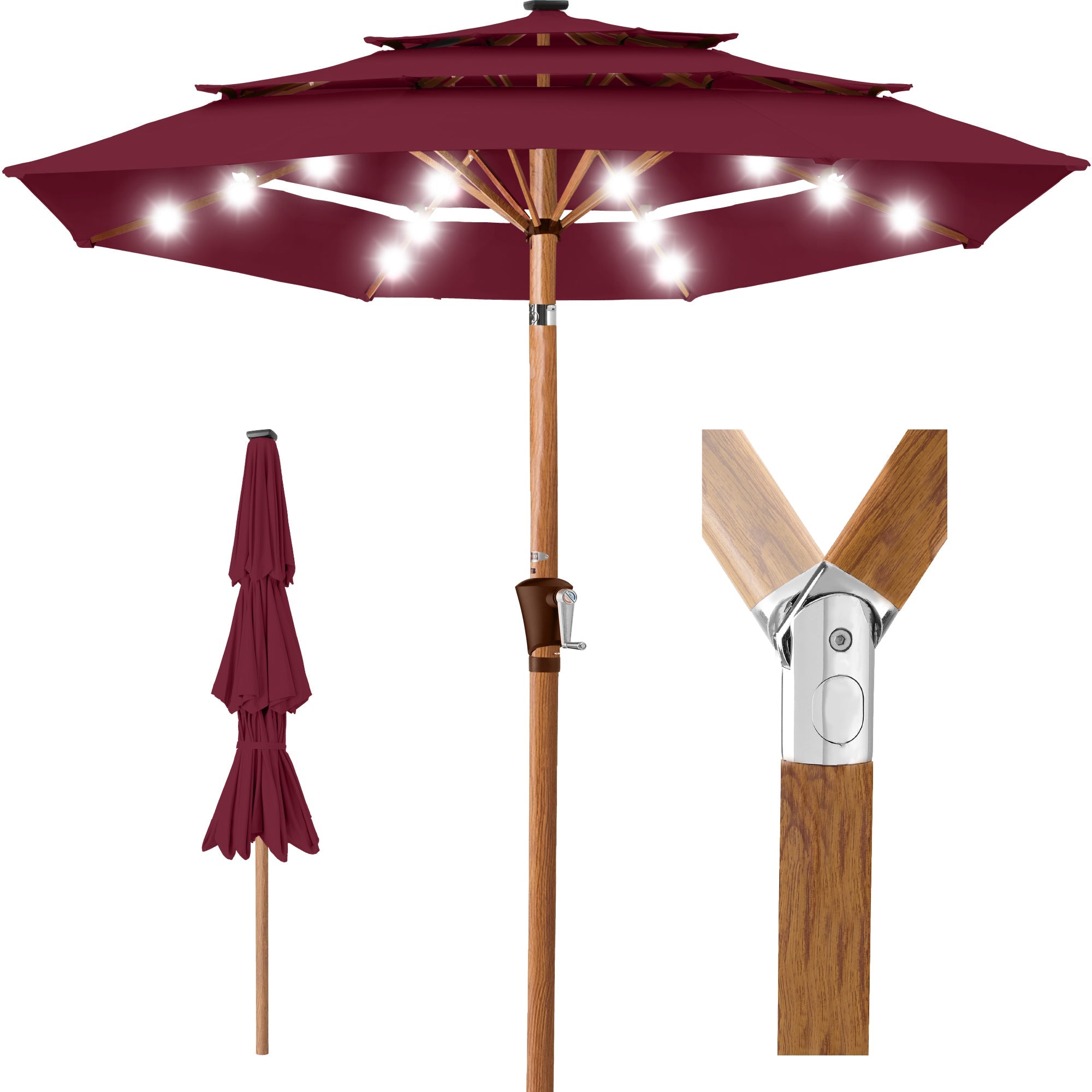 3-Tier Woodgrain Pattern Solar Patio Umbrella, Tilt Adjustment - 10ft - Burgundy