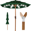 3-Tier Woodgrain Pattern Solar Patio Umbrella, Tilt Adjustment - 10ft - Green