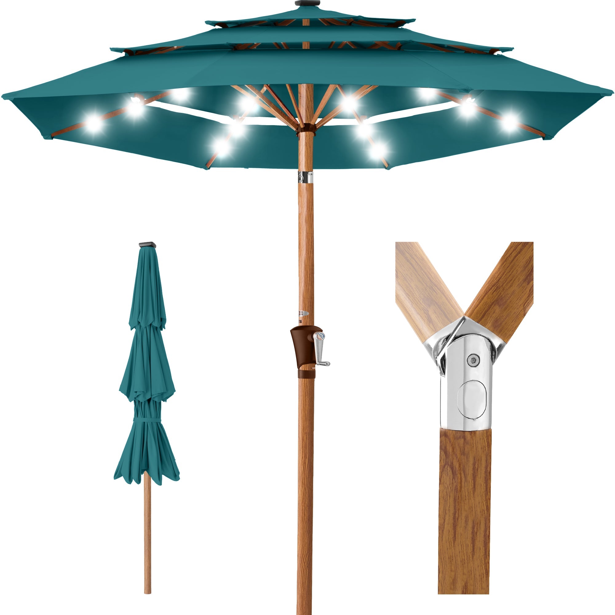 3-Tier Woodgrain Pattern Solar Patio Umbrella, Tilt Adjustment - 10ft - Cerulean