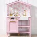 Pretend Play Wooden Farmhouse Kitchen Set w/ Storage, 5 Accessories - Rose