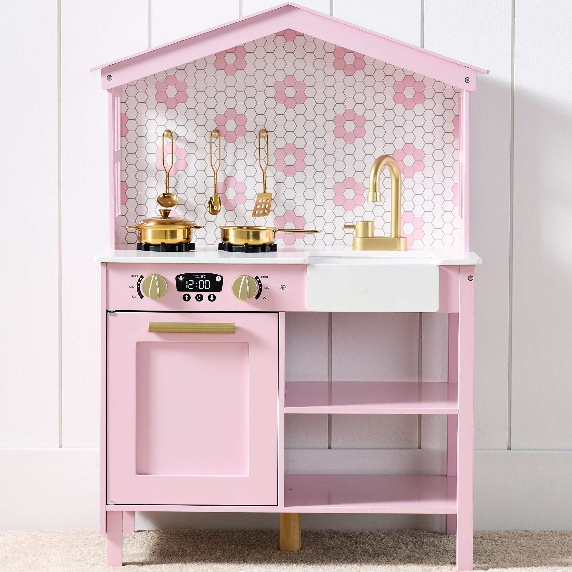 Pretend Play Wooden Farmhouse Kitchen Set w/ Storage, 5 Accessories - Rose