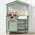 Pretend Play Wooden Farmhouse Kitchen Set w/ Storage, 5 Accessories - Sage