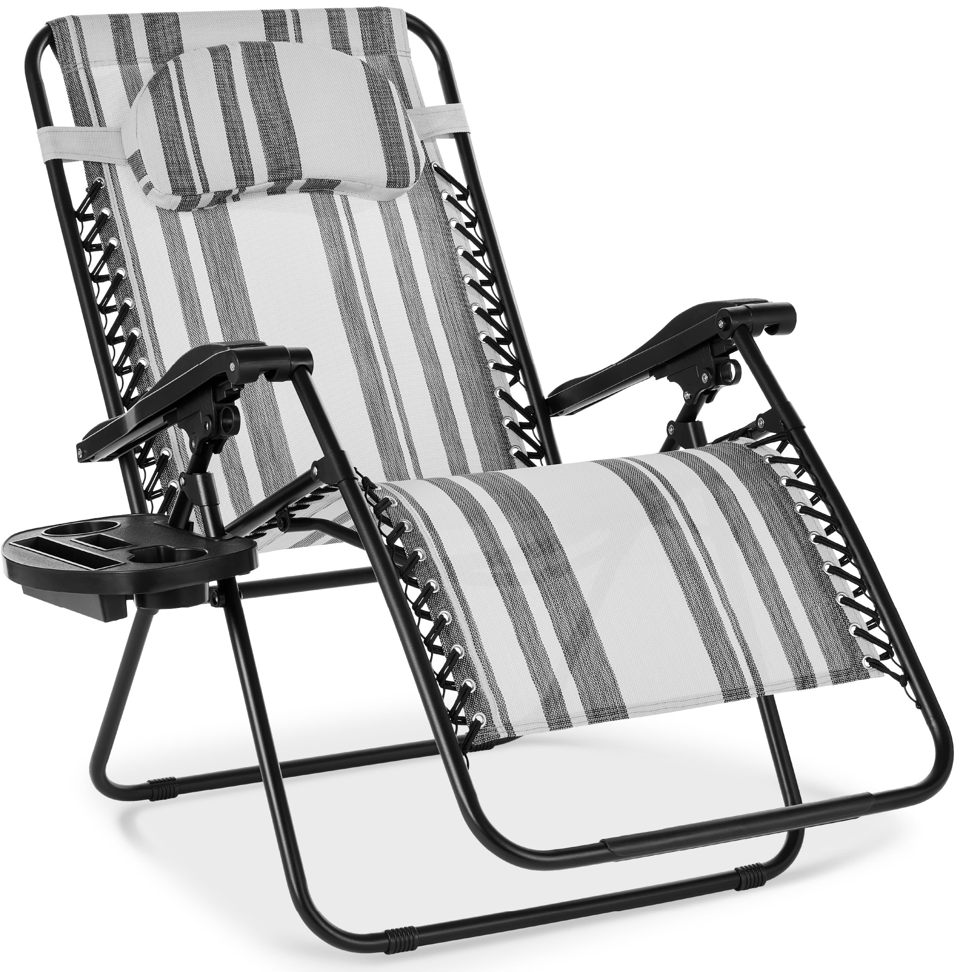 Oversized Reclining Zero Gravity Chair Lounger w/ Cup Holder, Pillow - Gray Stripes