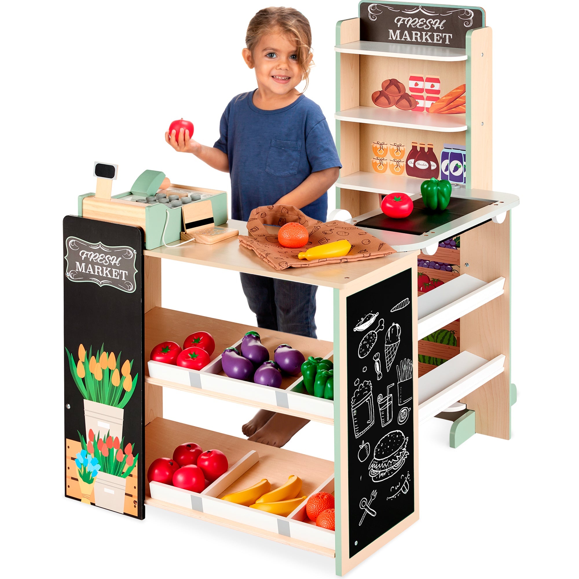 Kids Pretend Play Grocery Store Supermarket Toy Set w/ Accessories - Natural
