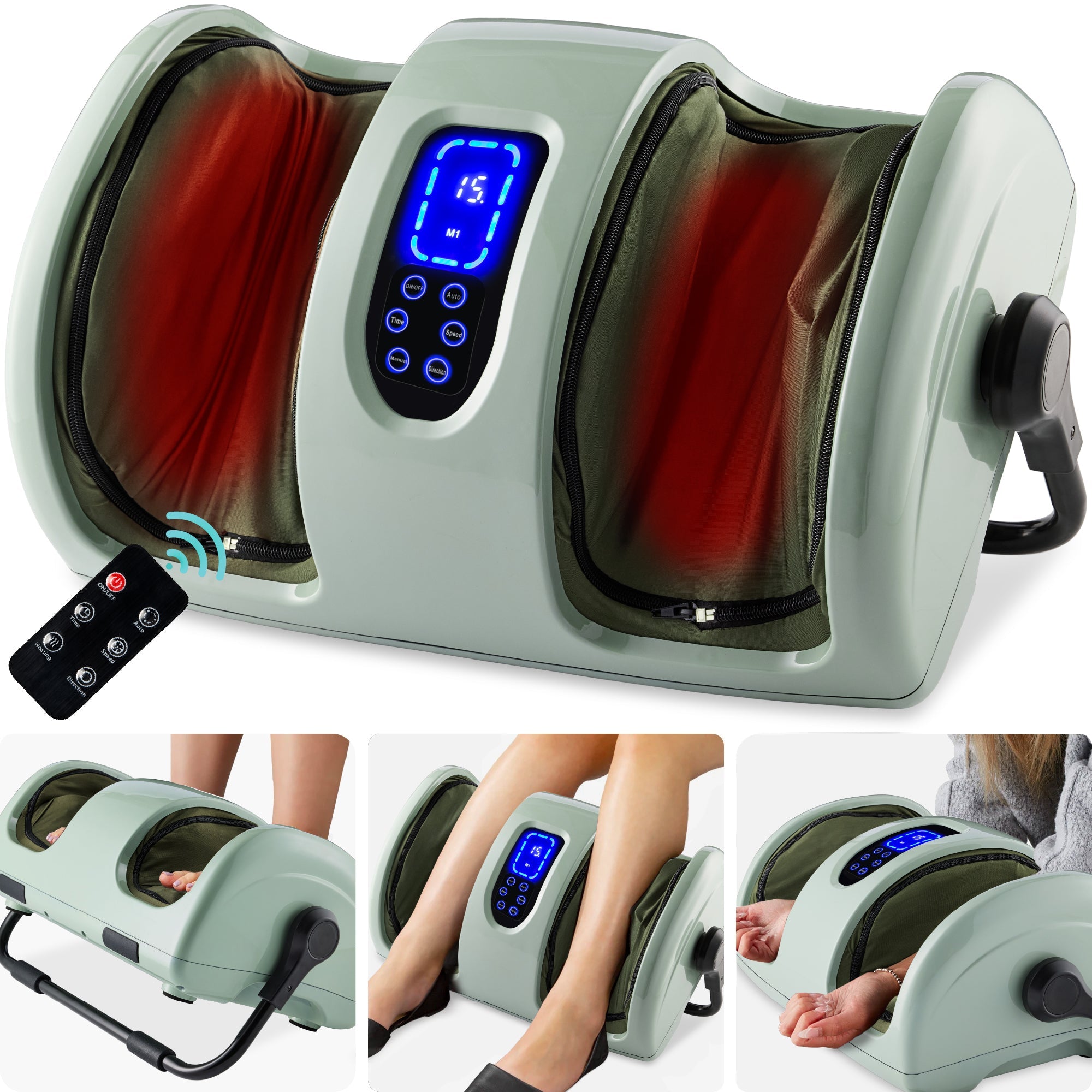 Reflexology Shiatsu Foot Massager w/ High-Intensity Rollers, Remote Control - Sage Green
