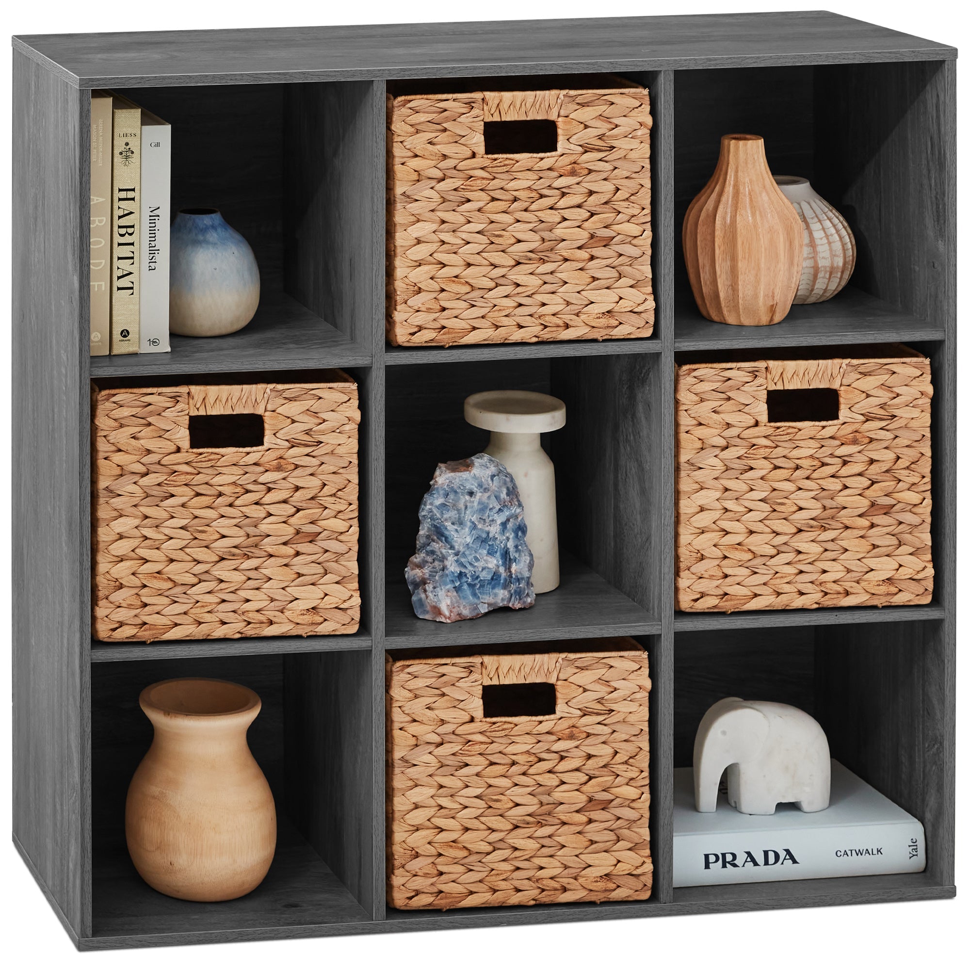 9-Cube Bookshelf Storage Display w/ 3 Removable Panels, Customizable Design - Dark Gray