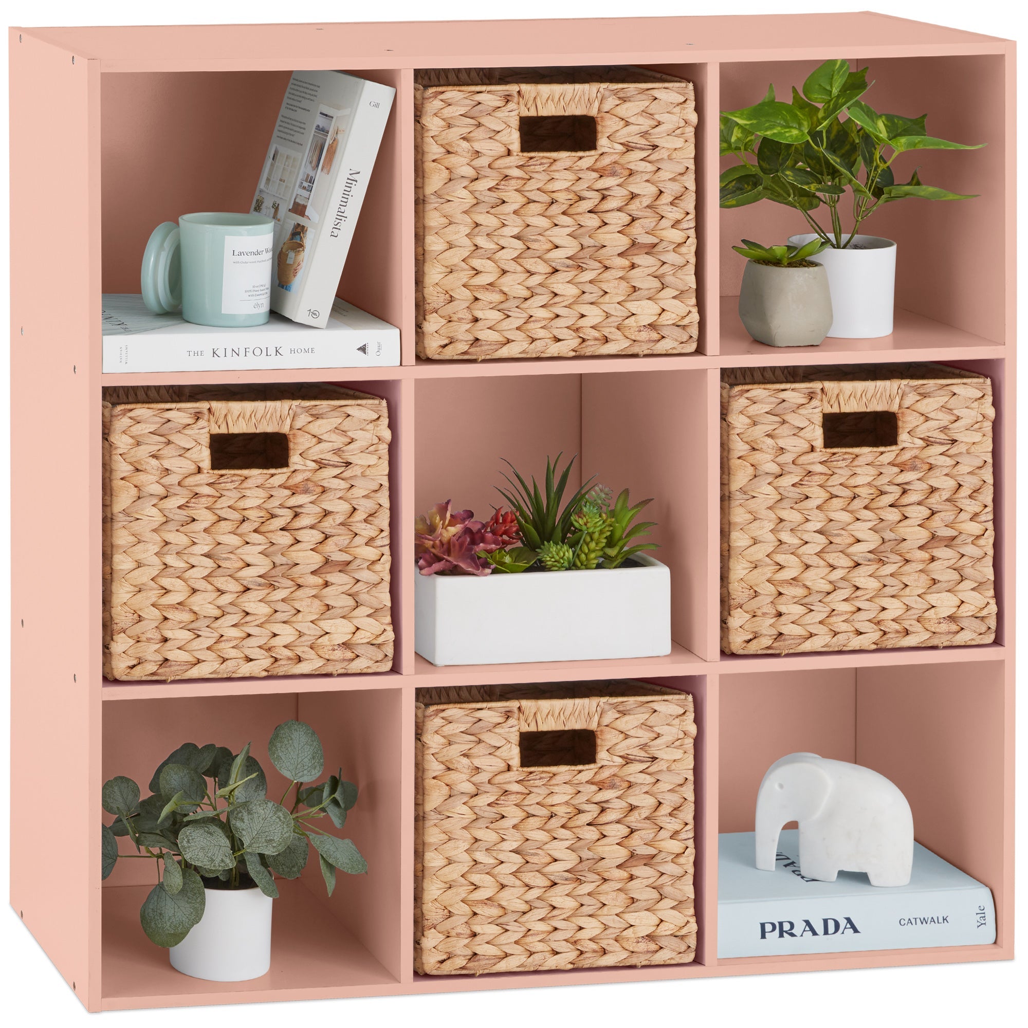 9-Cube Bookshelf Storage Display w/ 3 Removable Panels, Customizable Design - Light Pink