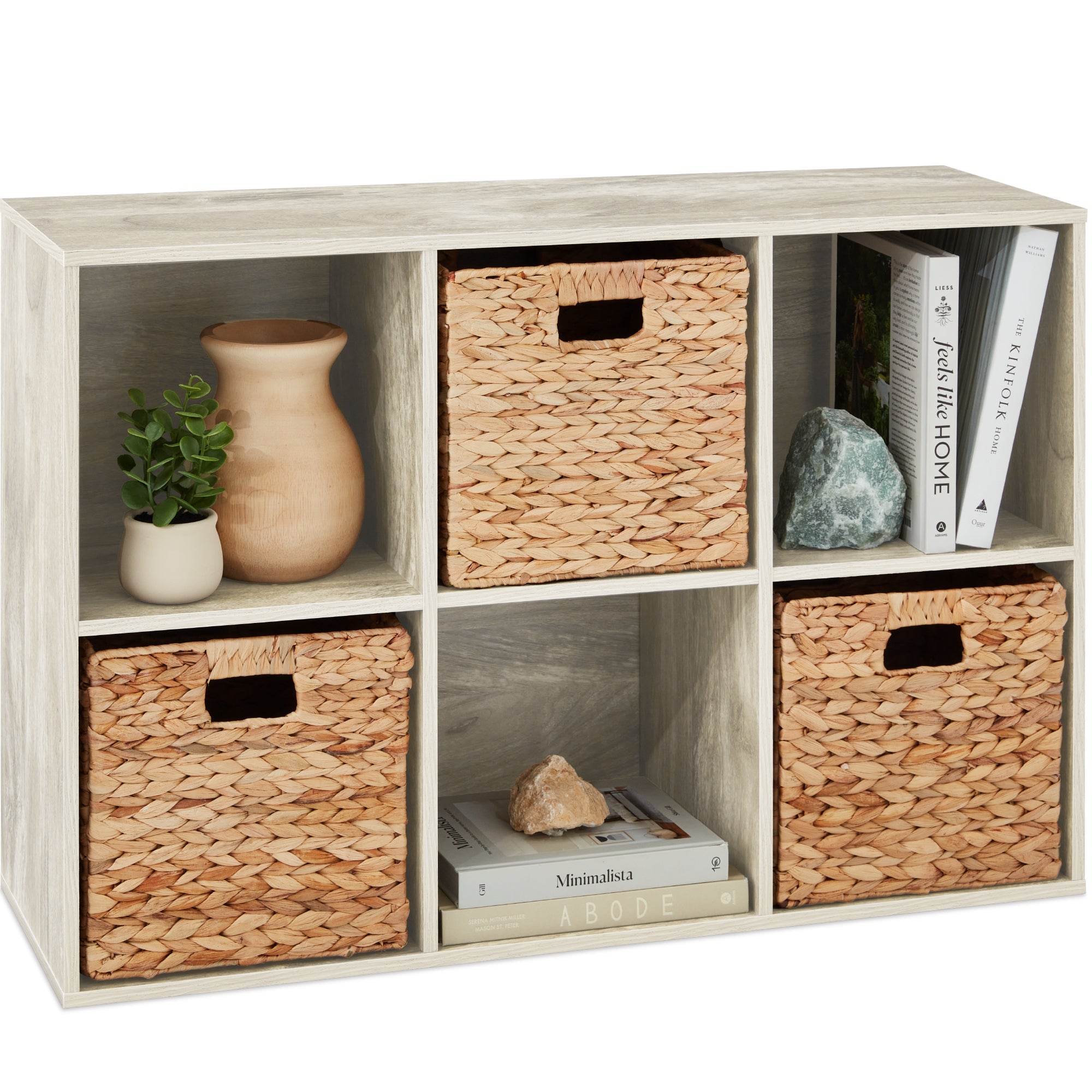 6-Cube Bookshelf, 13.5in Storage Display w/ Removable Panels, Customizable - Whitewash