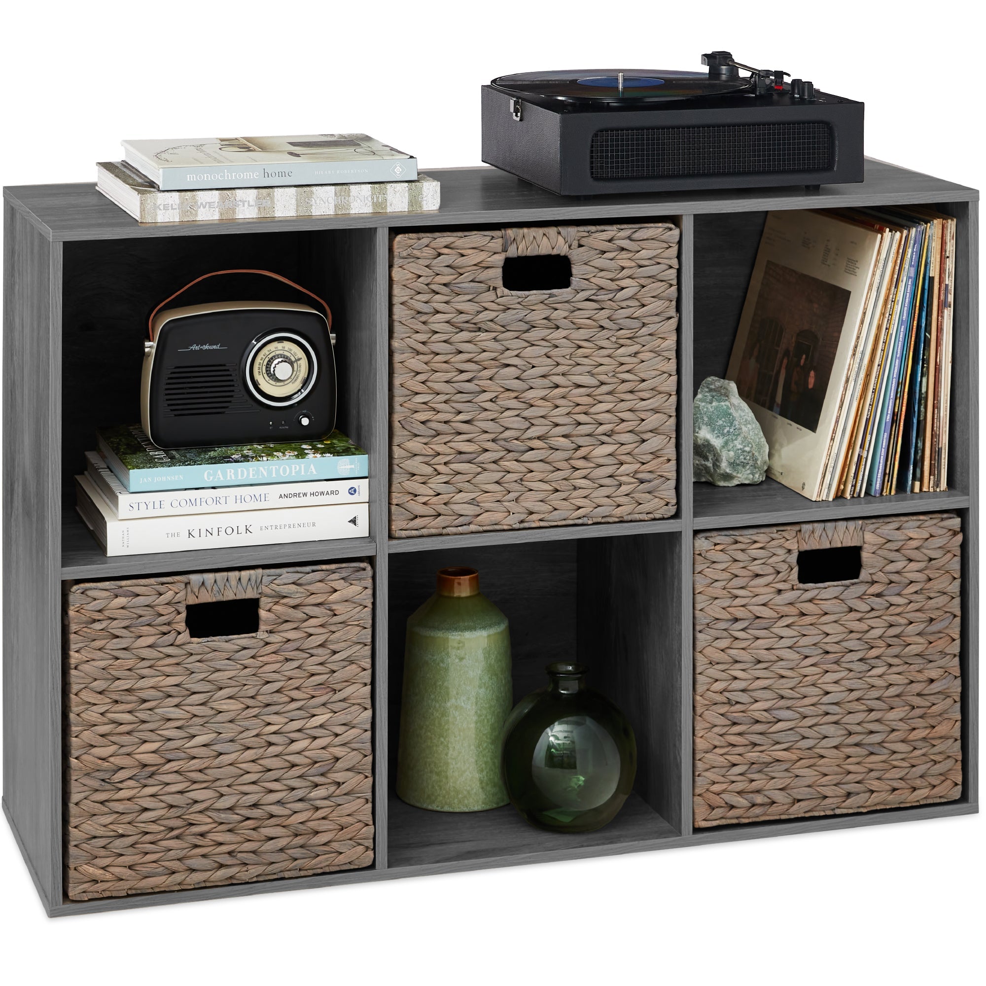 6-Cube Bookshelf, 13.5in Storage Display w/ Removable Panels, Customizable - Dark Gray