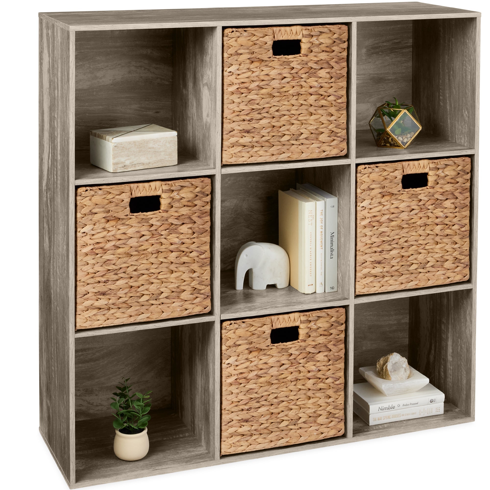 9-Cube Bookshelf, 13.5in Storage Display w/ Removable Panels, Customizable - Greige