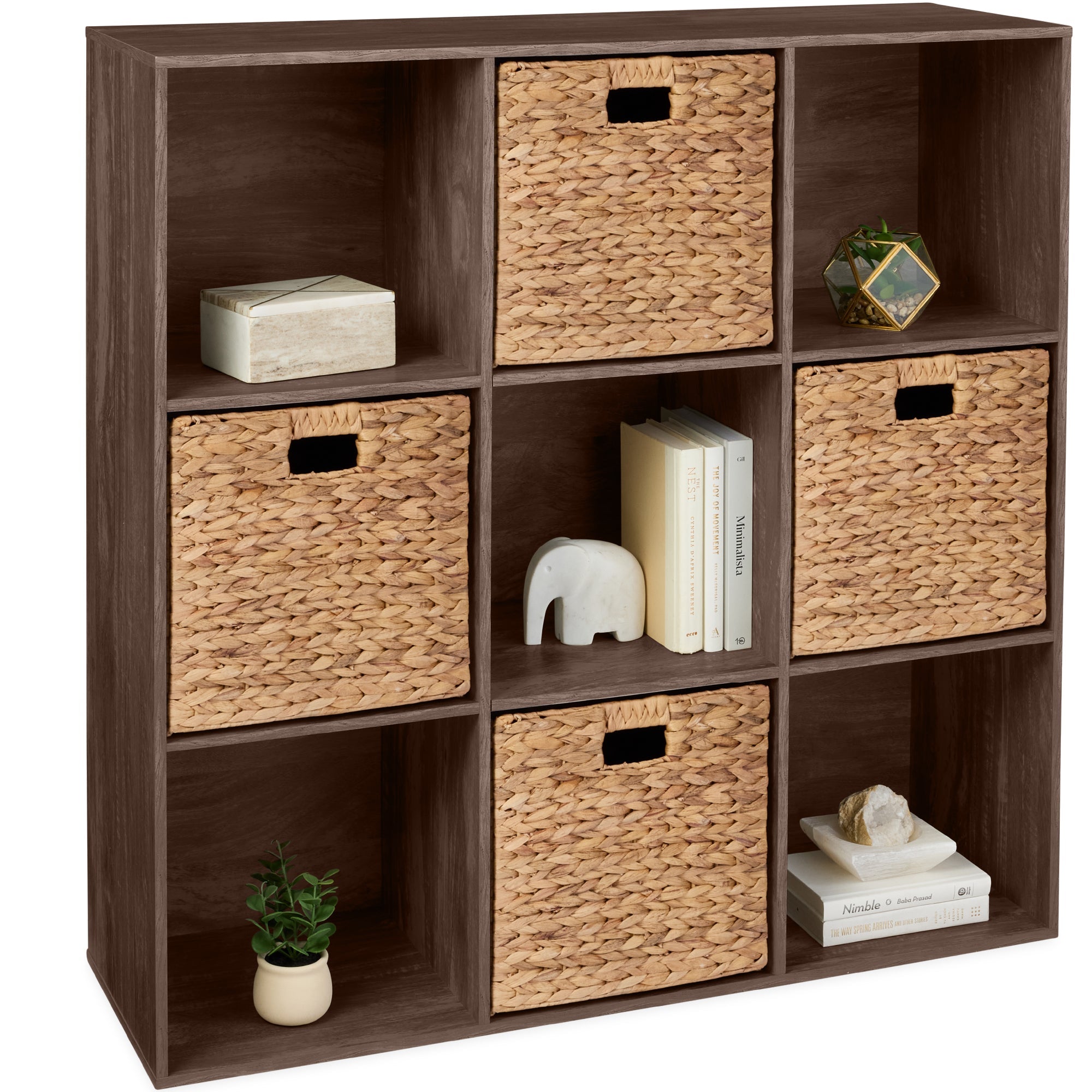 9-Cube Bookshelf, 13.5in Storage Display w/ Removable Panels, Customizable - Walnut