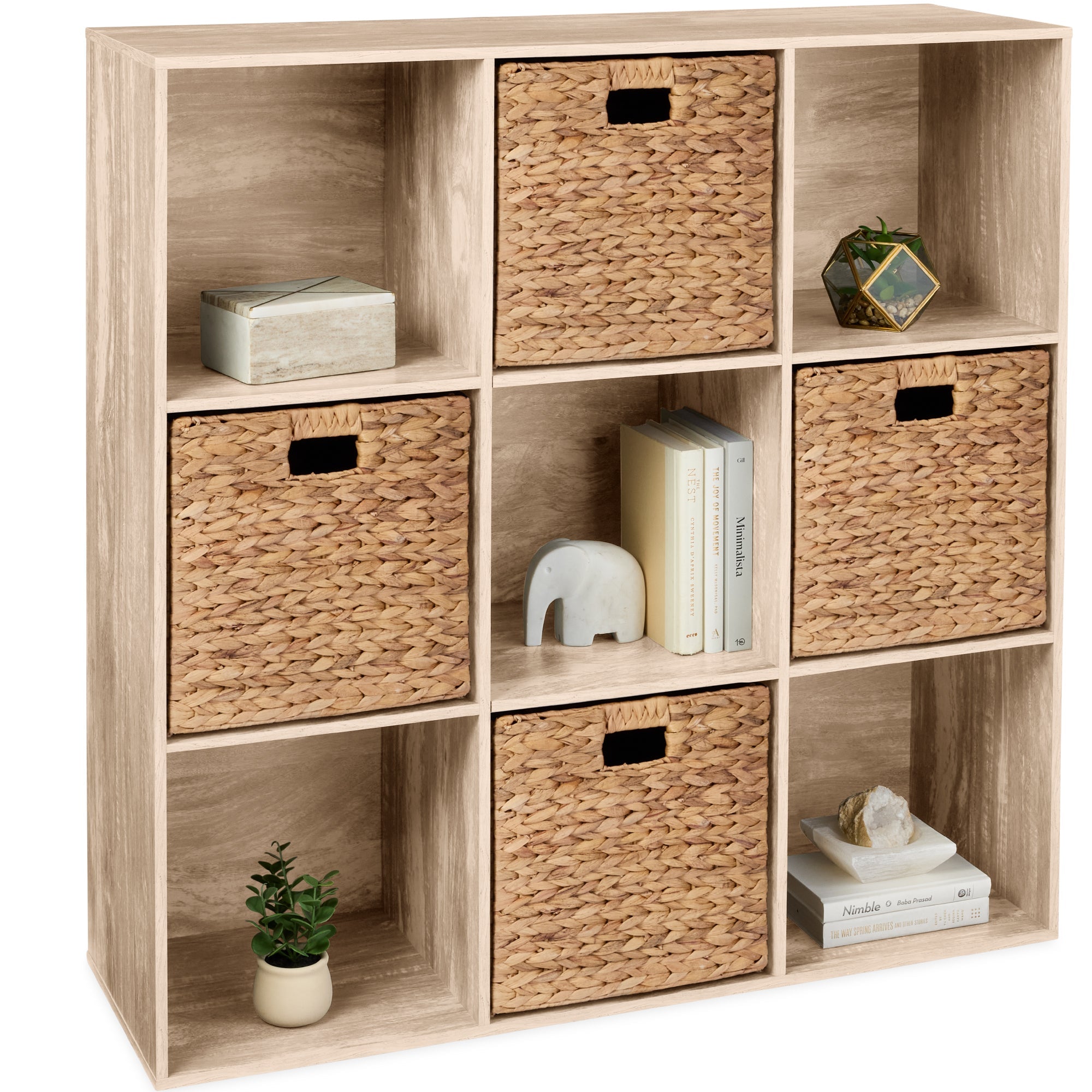 9-Cube Bookshelf, 13.5in Storage Display w/ Removable Panels, Customizable - Light Oak