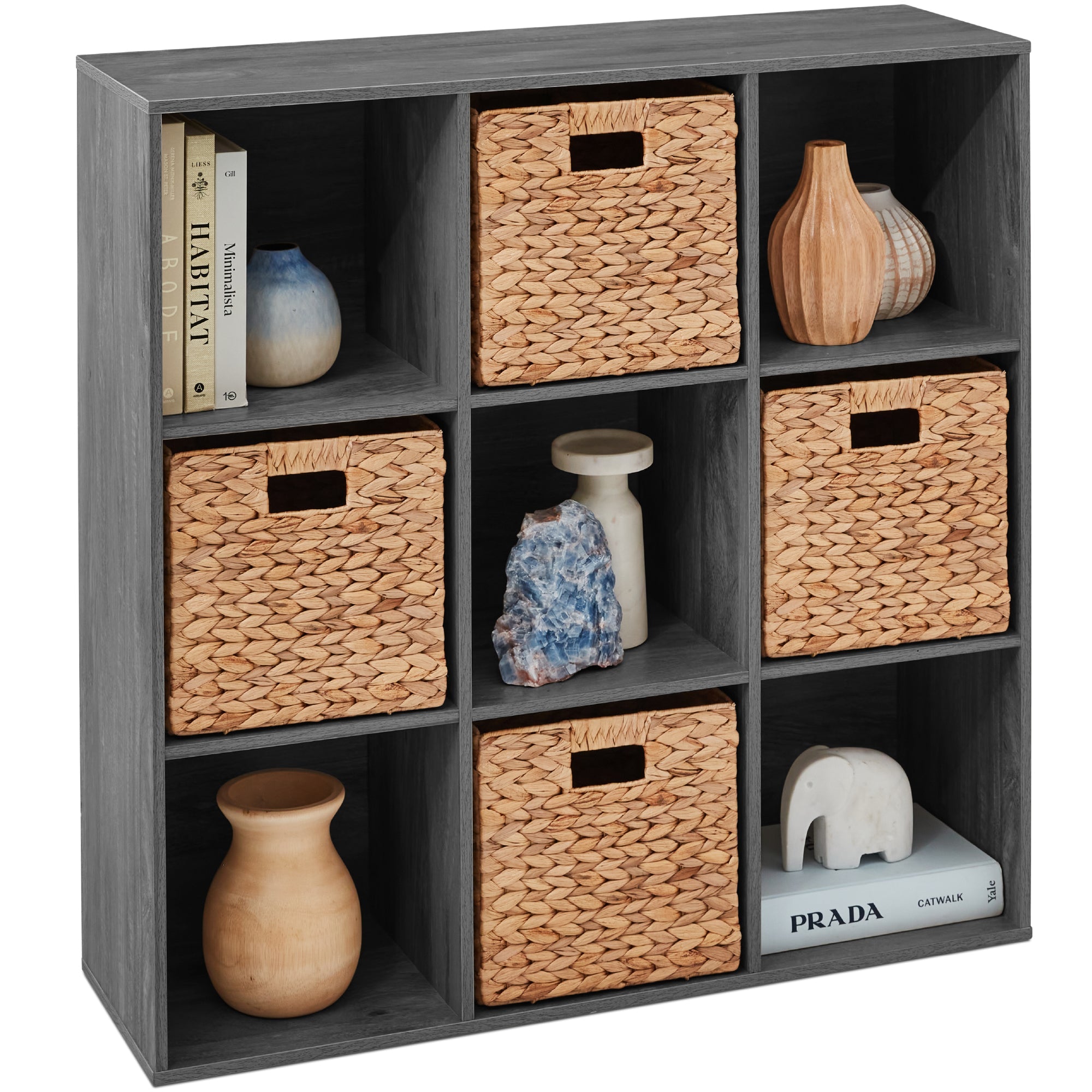 9-Cube Bookshelf, 13.5in Storage Display w/ Removable Panels, Customizable - Dark Gray
