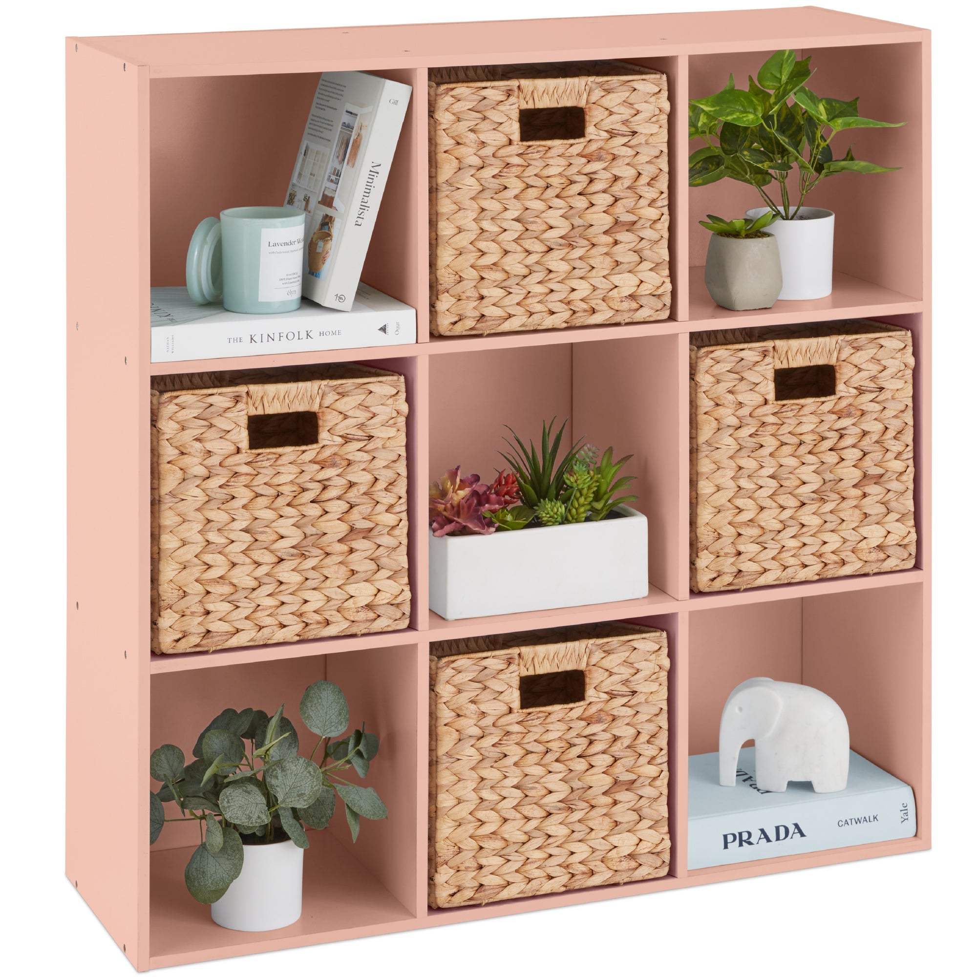 9-Cube Bookshelf, 13.5in Storage Display w/ Removable Panels, Customizable - Light Pink