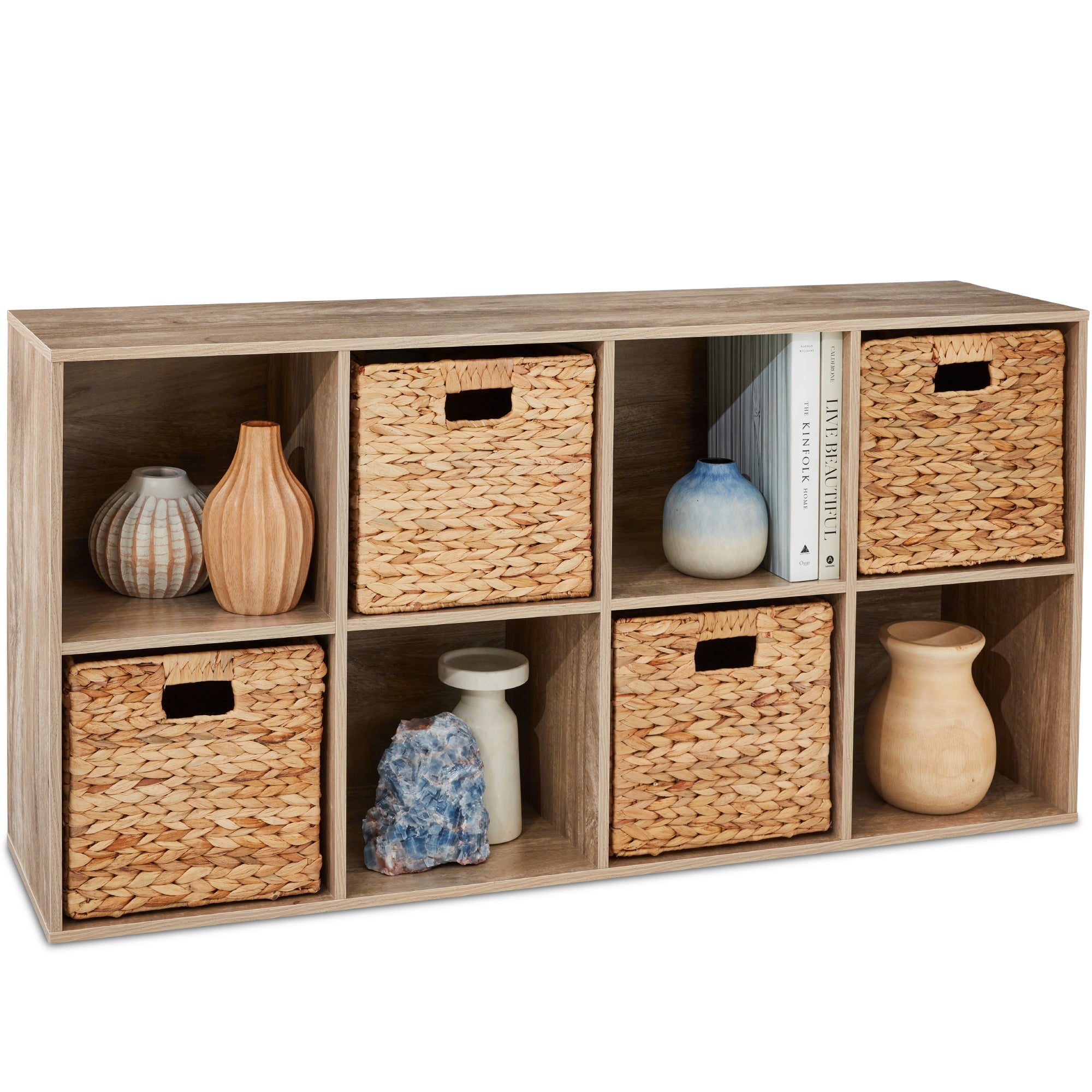 8-Cube Bookshelf, 13.5in Storage Display w/ Removable Panels, Customizable - Greige