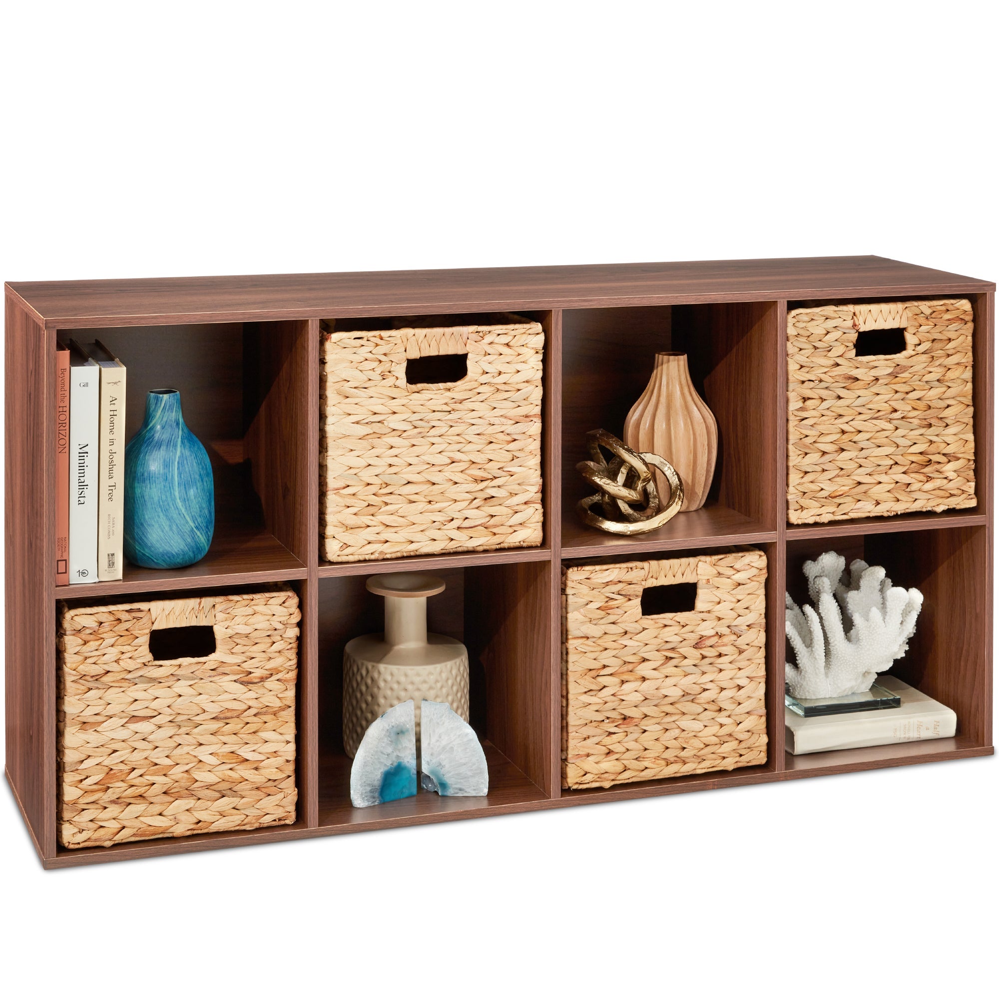 8-Cube Bookshelf, 13.5in Storage Display w/ Removable Panels, Customizable - Walnut