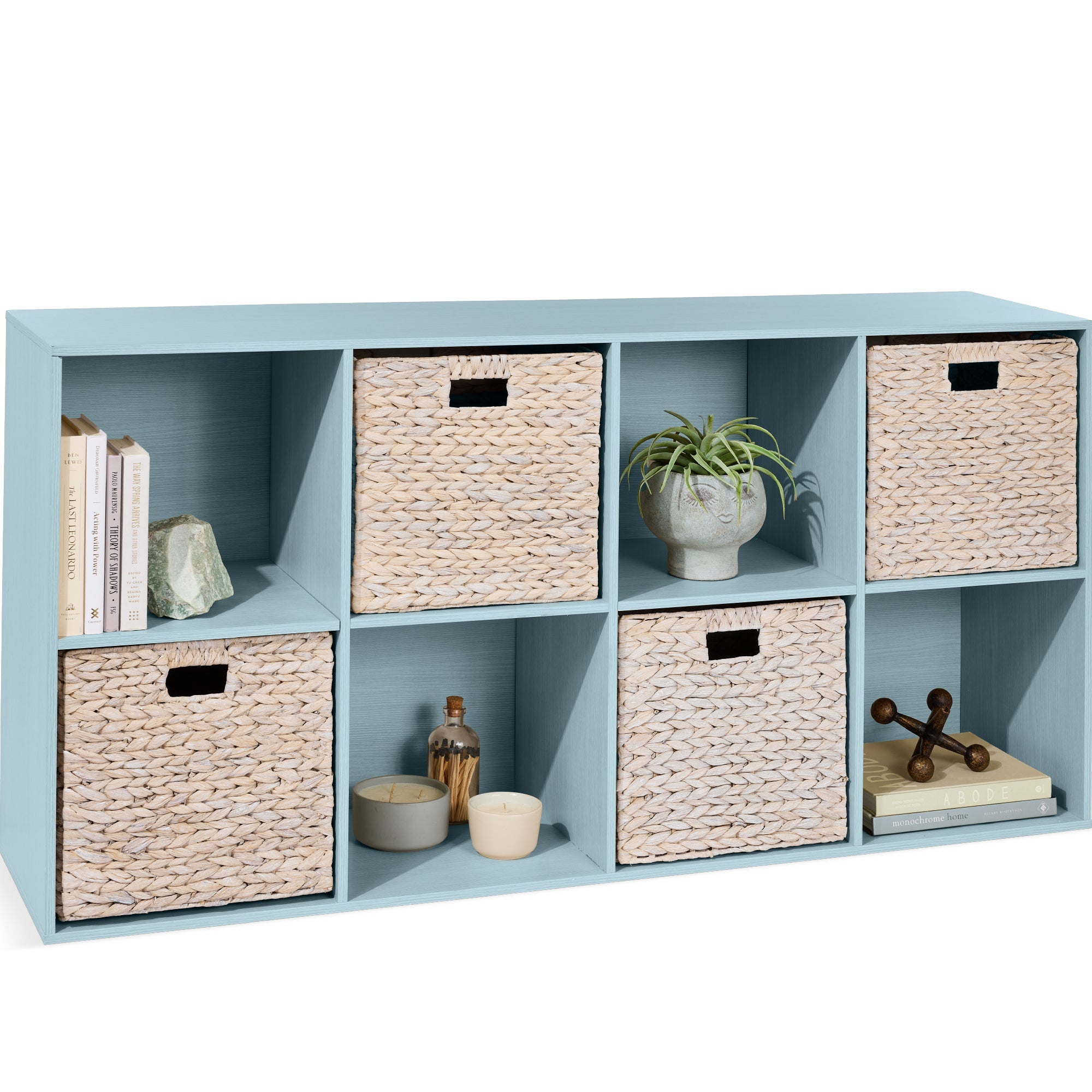 8-Cube Bookshelf, 13.5in Storage Display w/ Removable Panels, Customizable - Light Blue