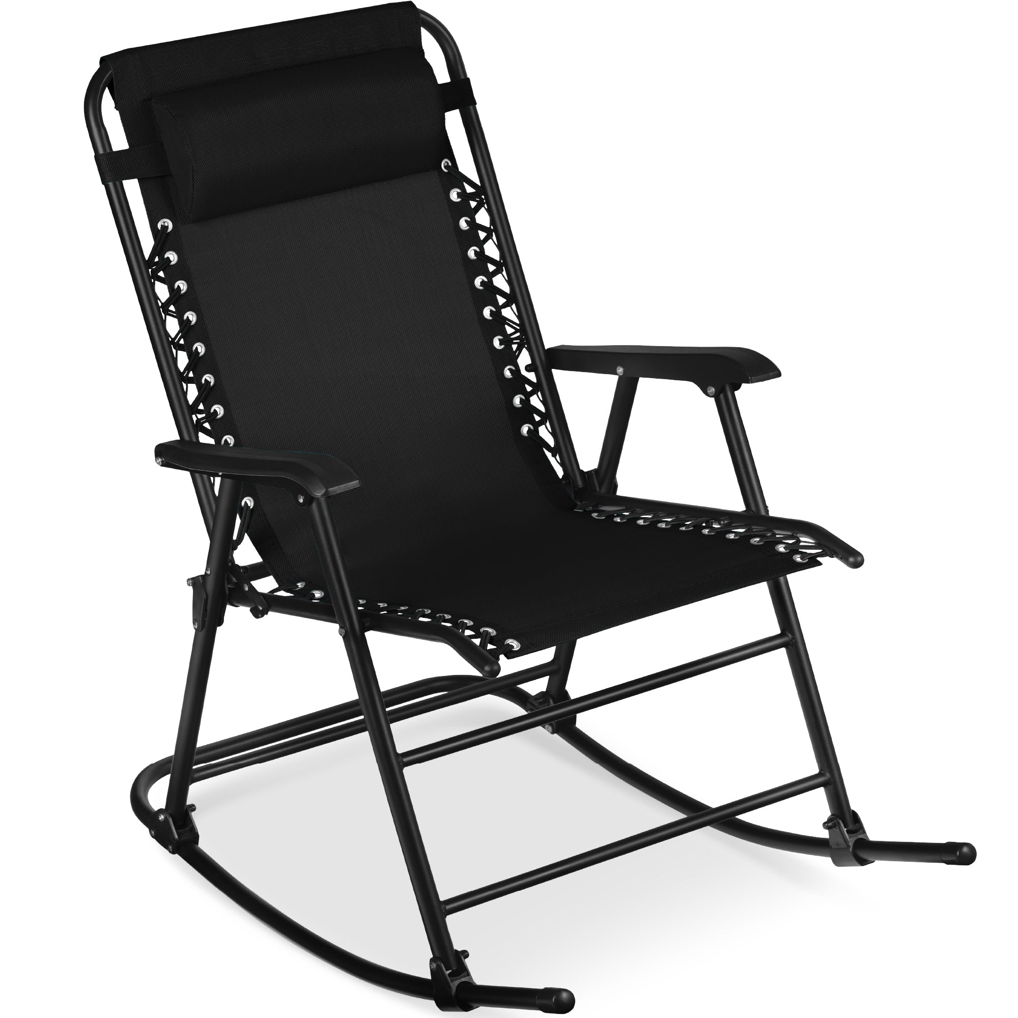Folding Outdoor Zero Gravity Rocking Lounge Chair w/ Headrest Pillow - Black