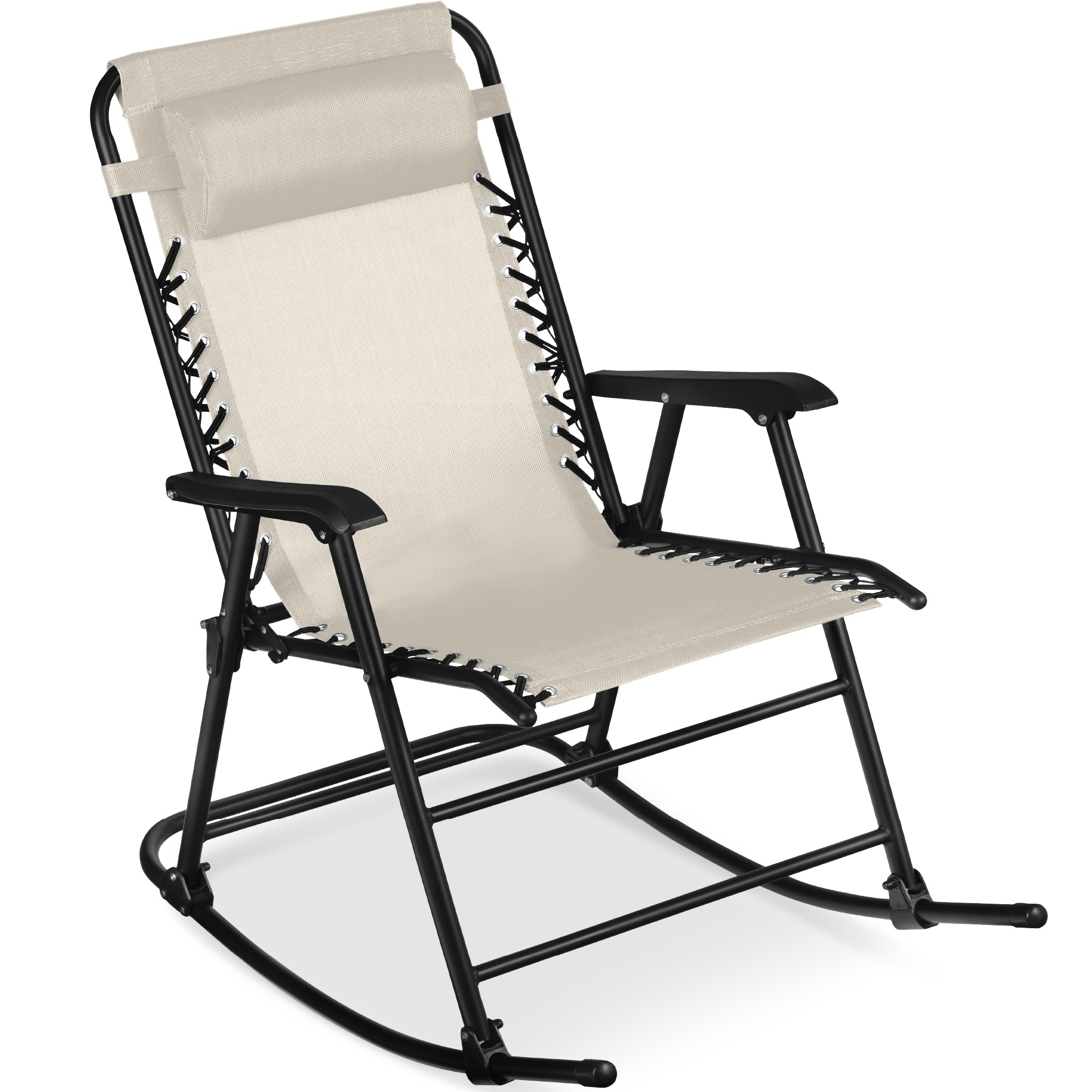 Folding Outdoor Zero Gravity Rocking Lounge Chair w/ Headrest Pillow - Ivory
