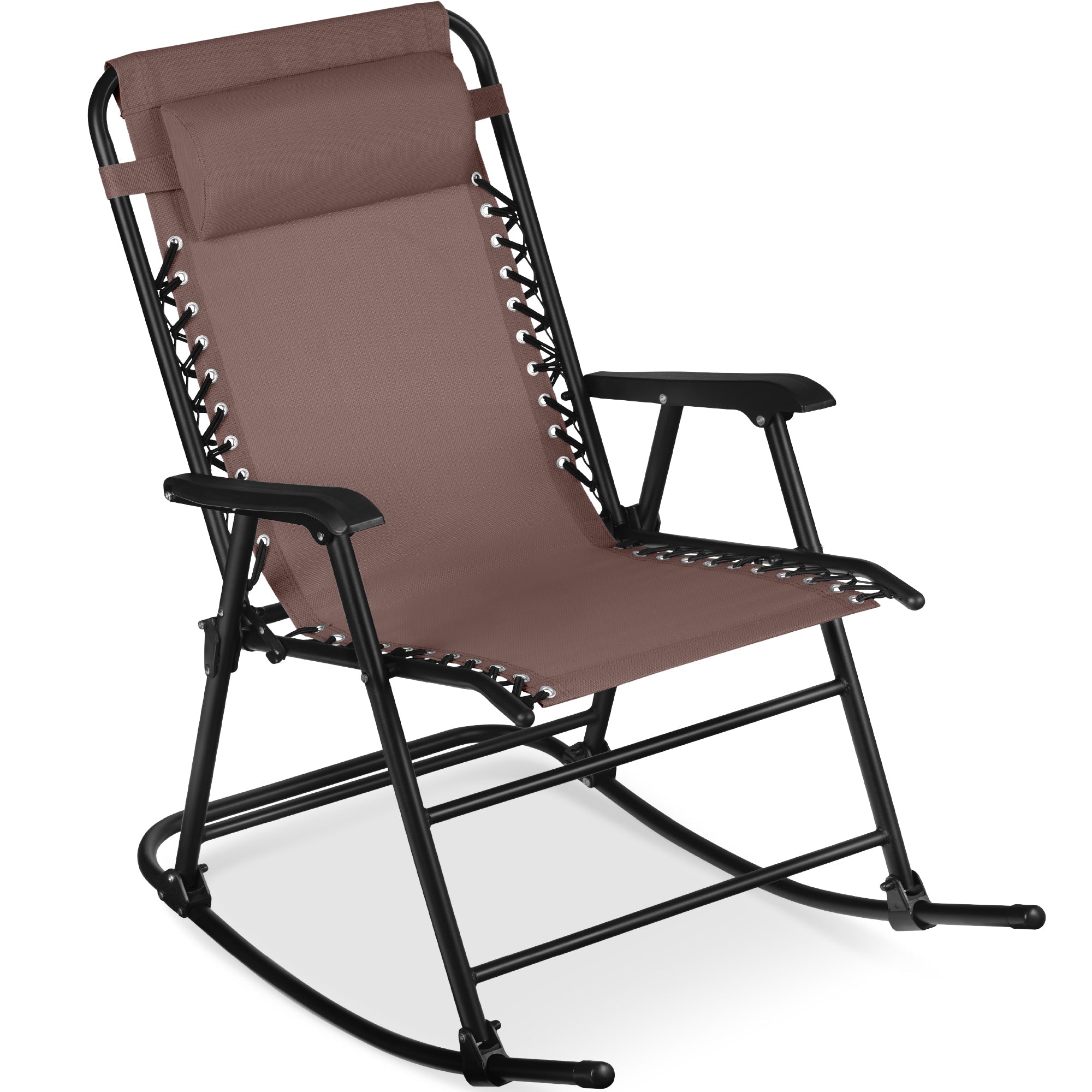 Folding Outdoor Zero Gravity Rocking Lounge Chair w/ Headrest Pillow - Brown