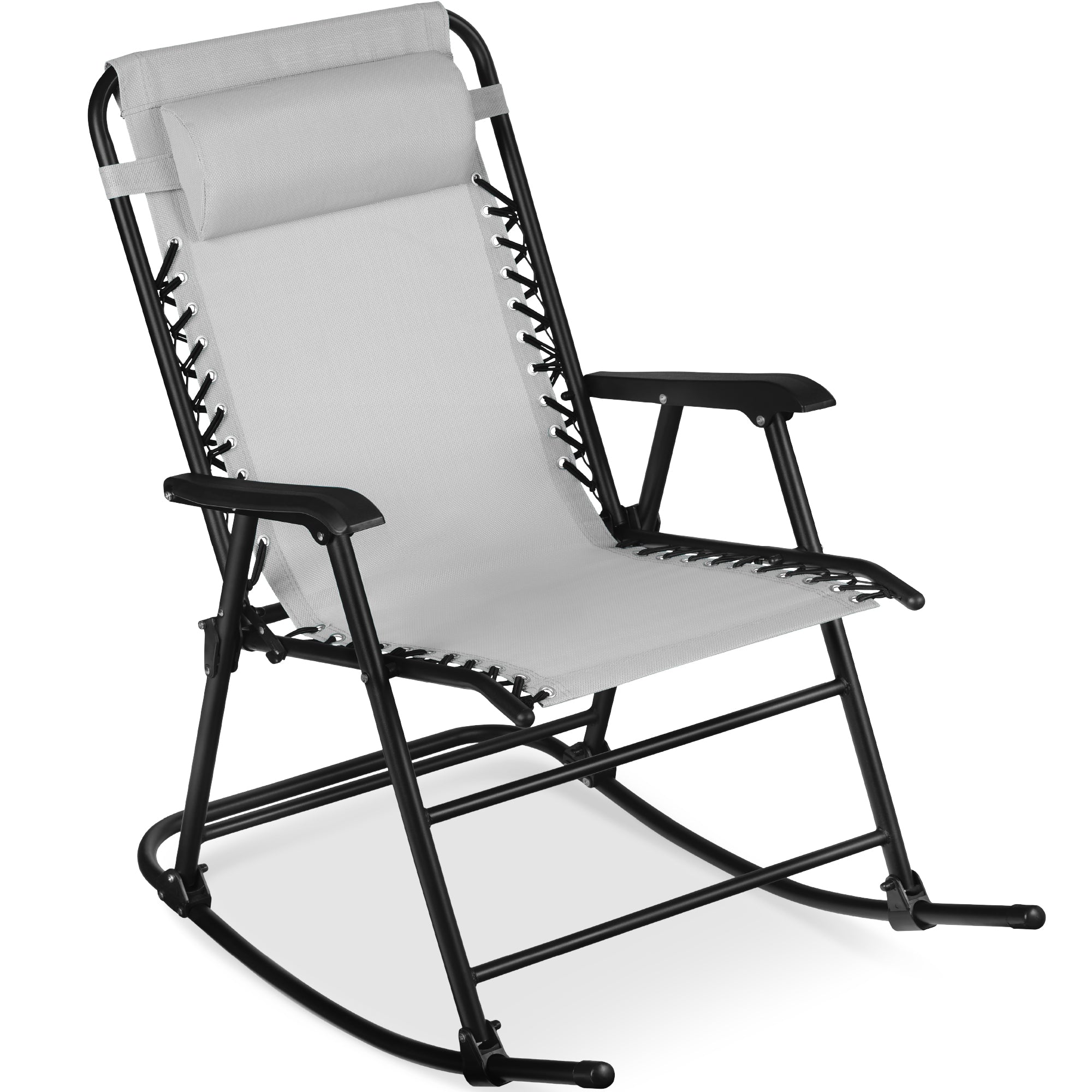Folding Outdoor Zero Gravity Rocking Lounge Chair w/ Headrest Pillow - Ice Gray