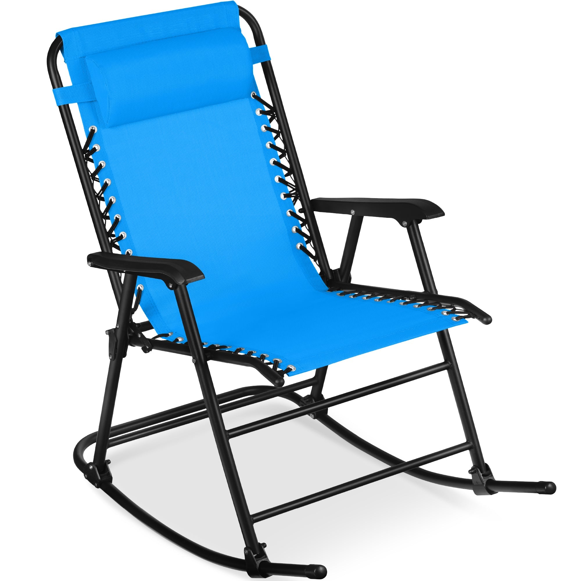 Folding Outdoor Zero Gravity Rocking Lounge Chair w/ Headrest Pillow - Aqua Blue