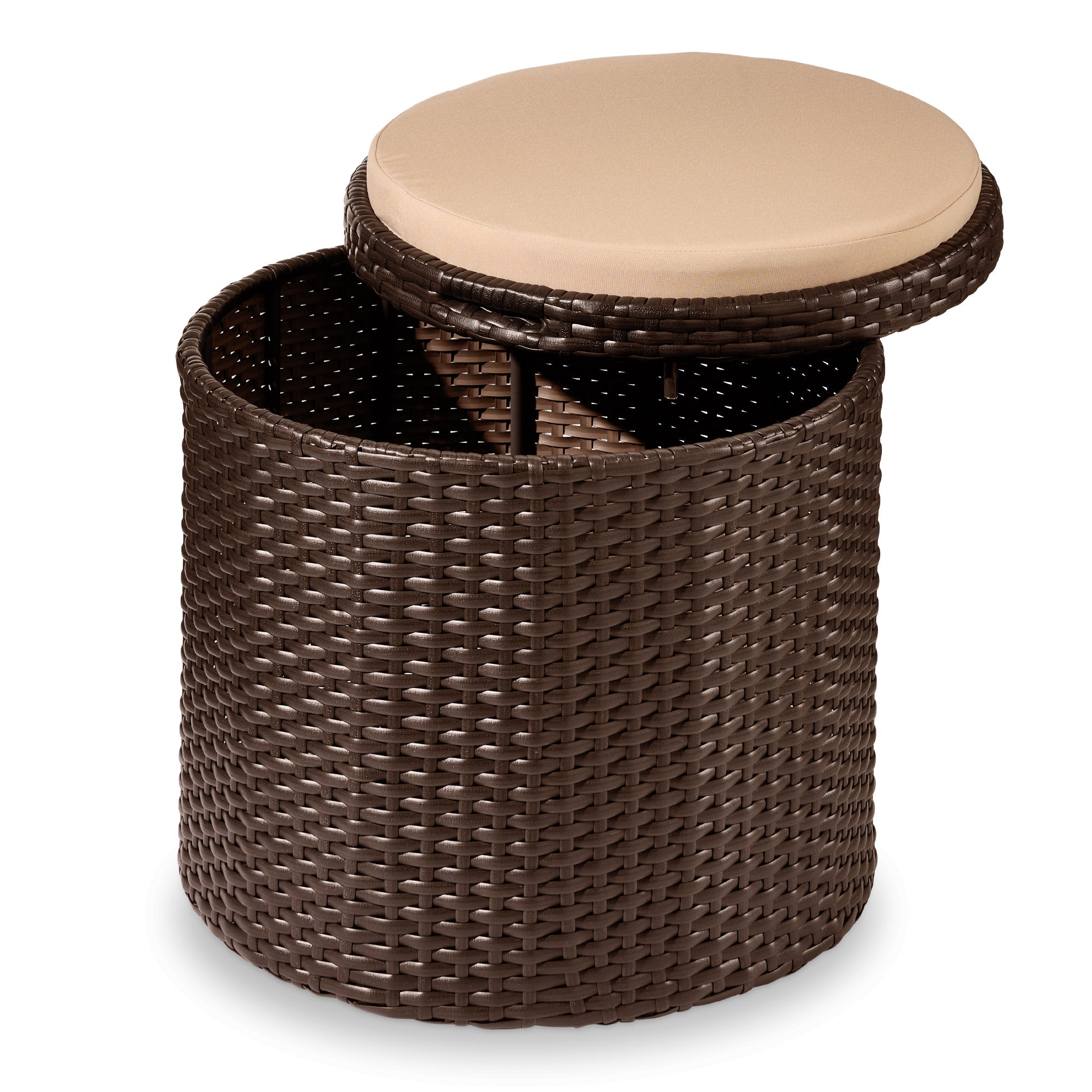 Round Wicker Ottoman, Multipurpose Furniture w/ Removable Cushion - Brown/Beige