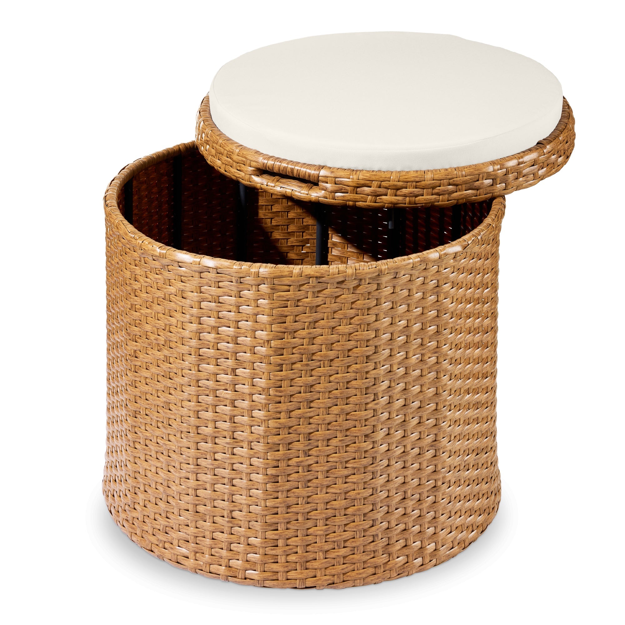 Round Wicker Ottoman, Multipurpose Furniture w/ Removable Cushion - Natural/Ivory
