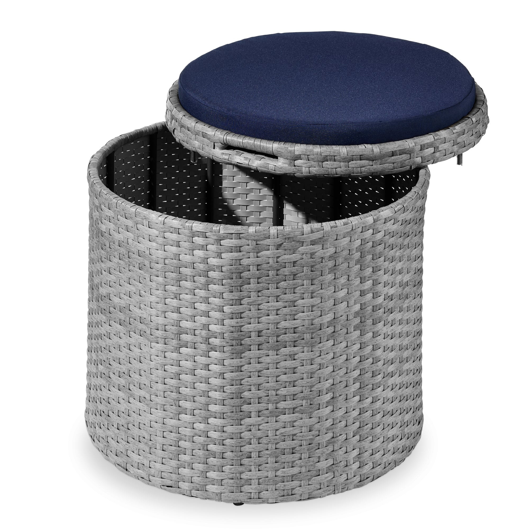 Round Wicker Ottoman, Multipurpose Furniture w/ Removable Cushion - Gray/Navy