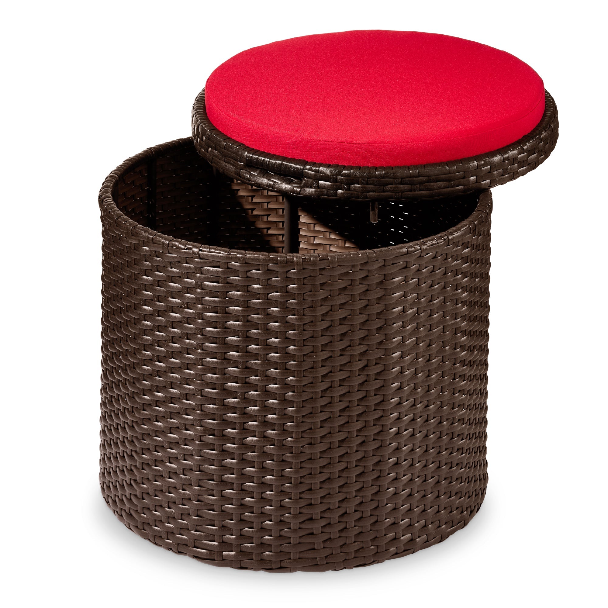 Round Wicker Ottoman, Multipurpose Furniture w/ Removable Cushion - Brown/Red
