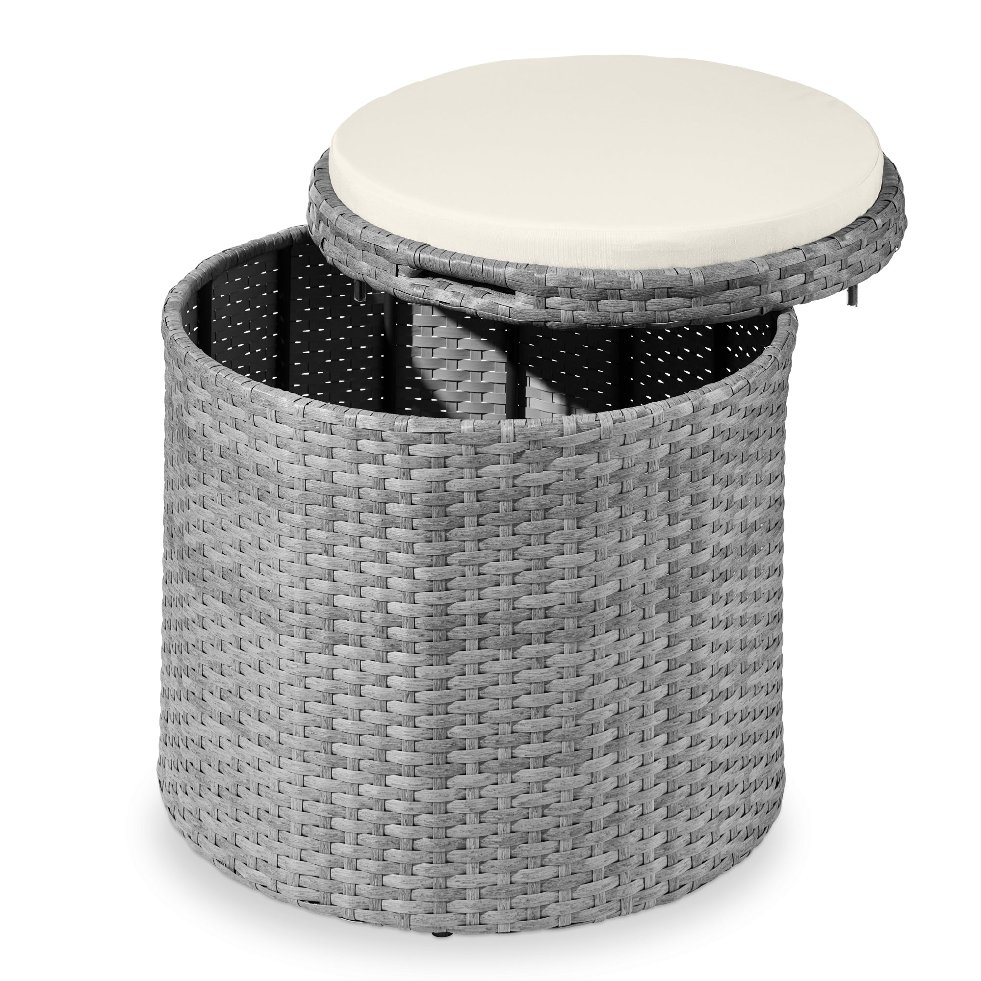 Round Wicker Ottoman, Multipurpose Furniture w/ Removable Cushion - Gray/Cream