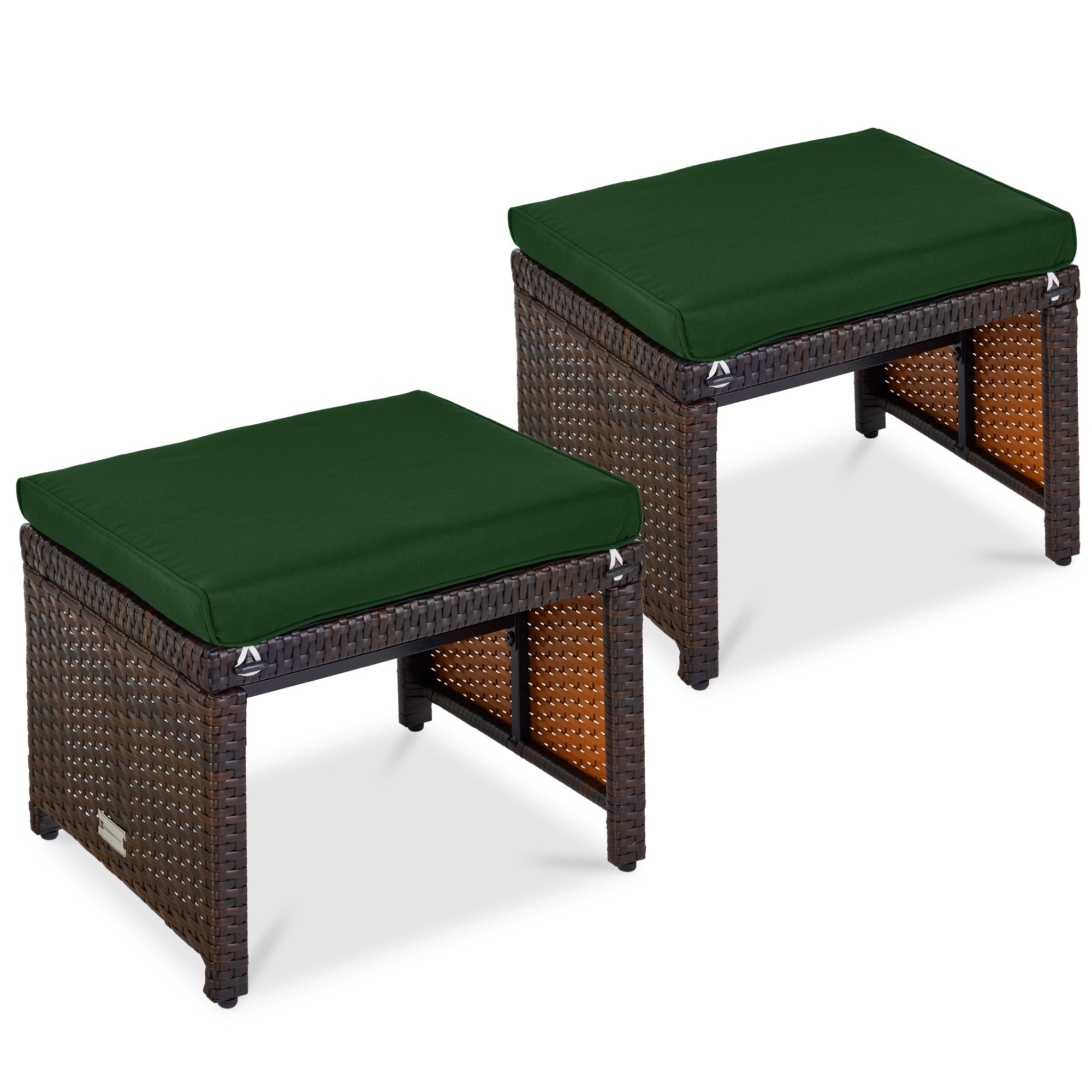 Set of 2 Multipurpose Wicker Ottomans w/ Removable Cushions, Steel Frame - Midnight Green/Brown